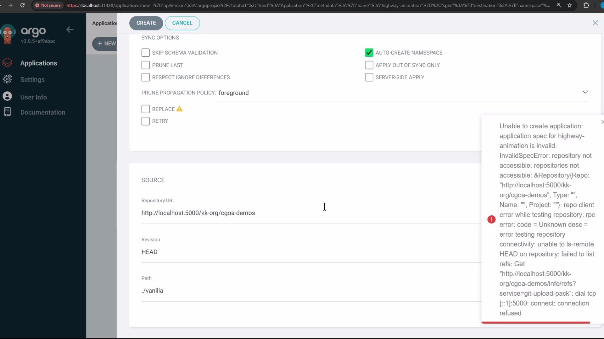 The image shows the user interface of an Argo application setup. There's an error message indicating the inability to create an application due to repository access issues, with options for syncing and source information visible.