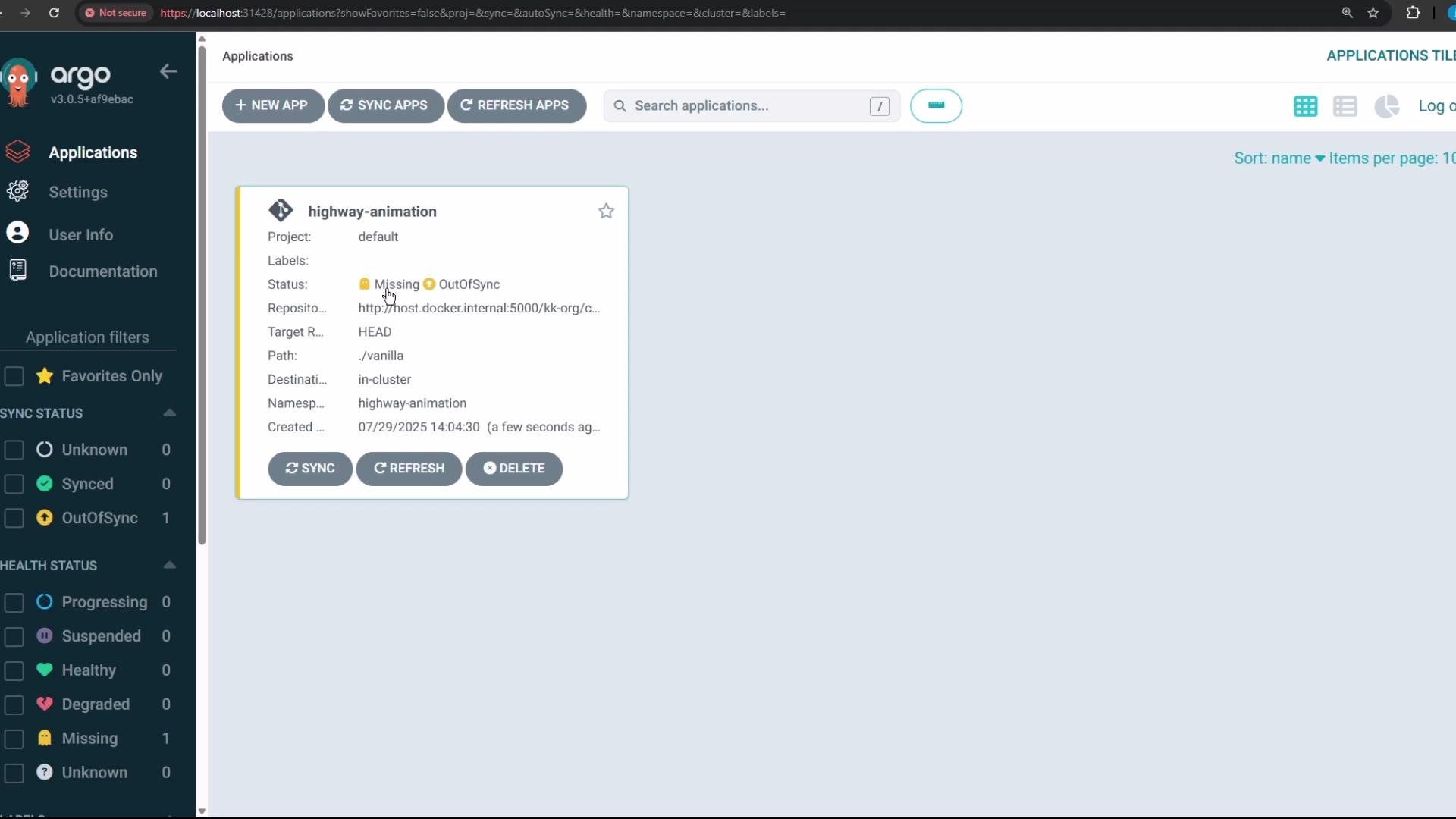 The image shows the Argo CD interface displaying an application called "highway-animation" with a status of "Missing" and "OutOfSync." The application details include repository information and options to sync, refresh, or delete.