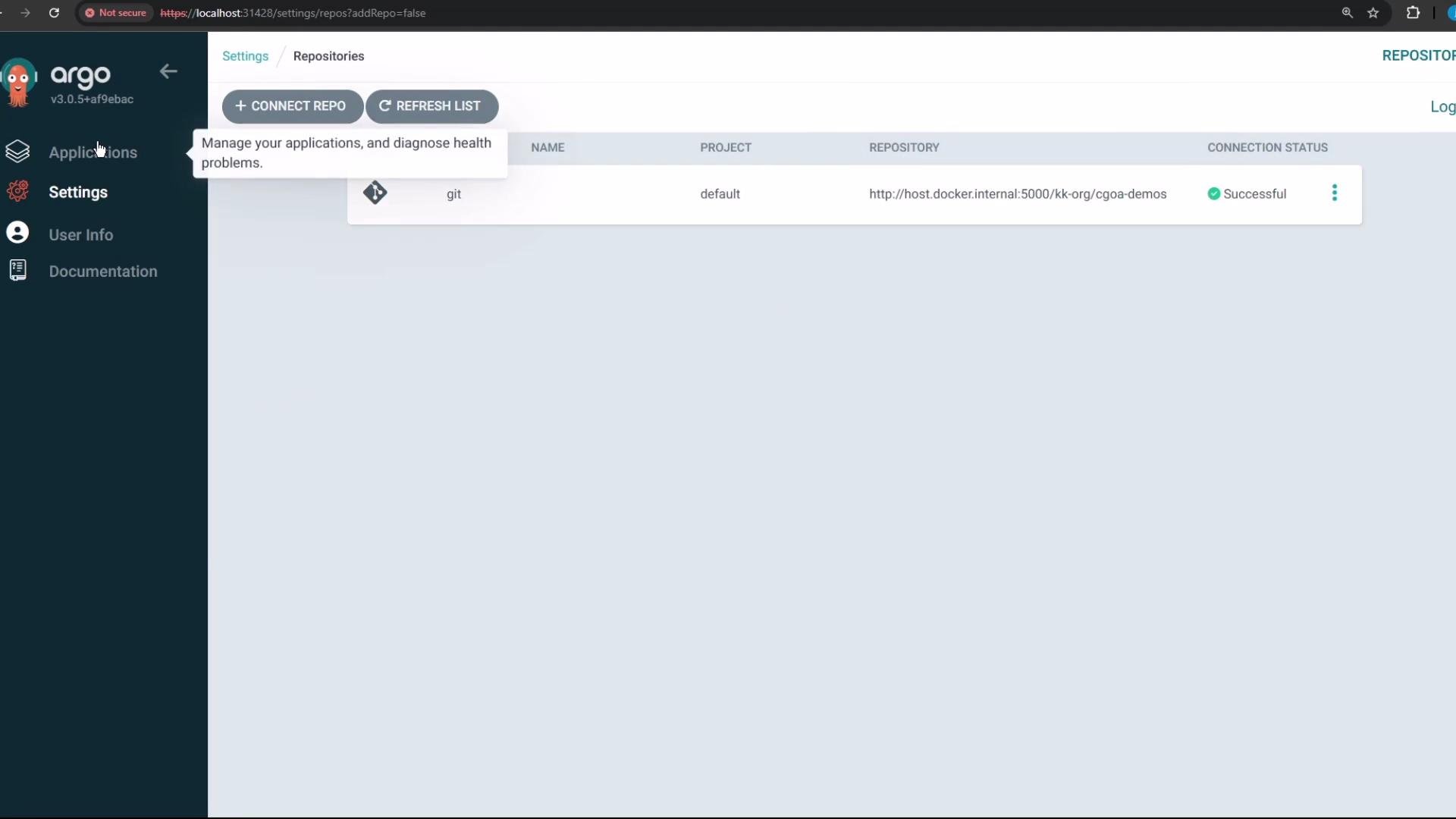 The image shows the Argo CD interface with the "Repositories" settings page open, displaying a connected Git repository with a successful connection status.