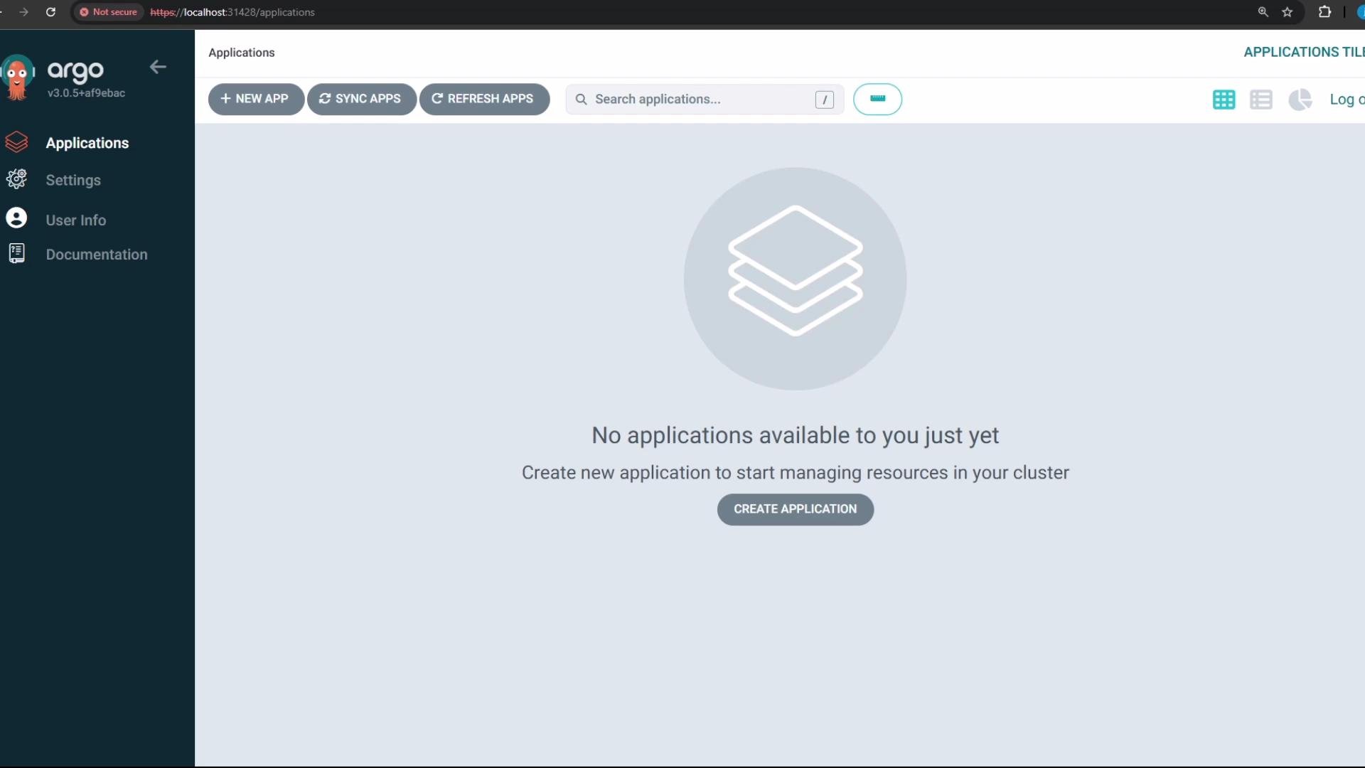 The image shows a dashboard interface of the Argo application with no current applications available. It prompts the user to create a new application and includes options for syncing apps and refreshing the page.