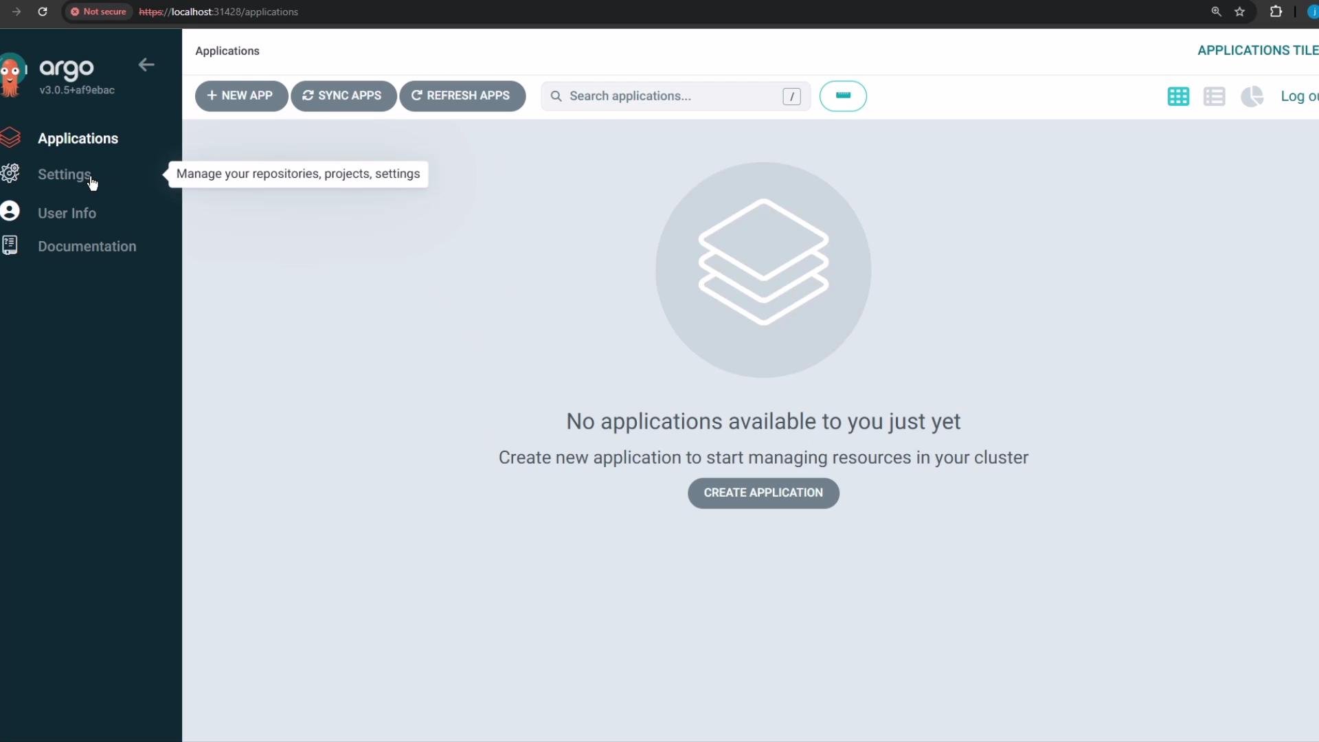 The image shows the Argo CD application dashboard with no applications listed. There is a prompt to create a new application to start managing resources in the cluster.