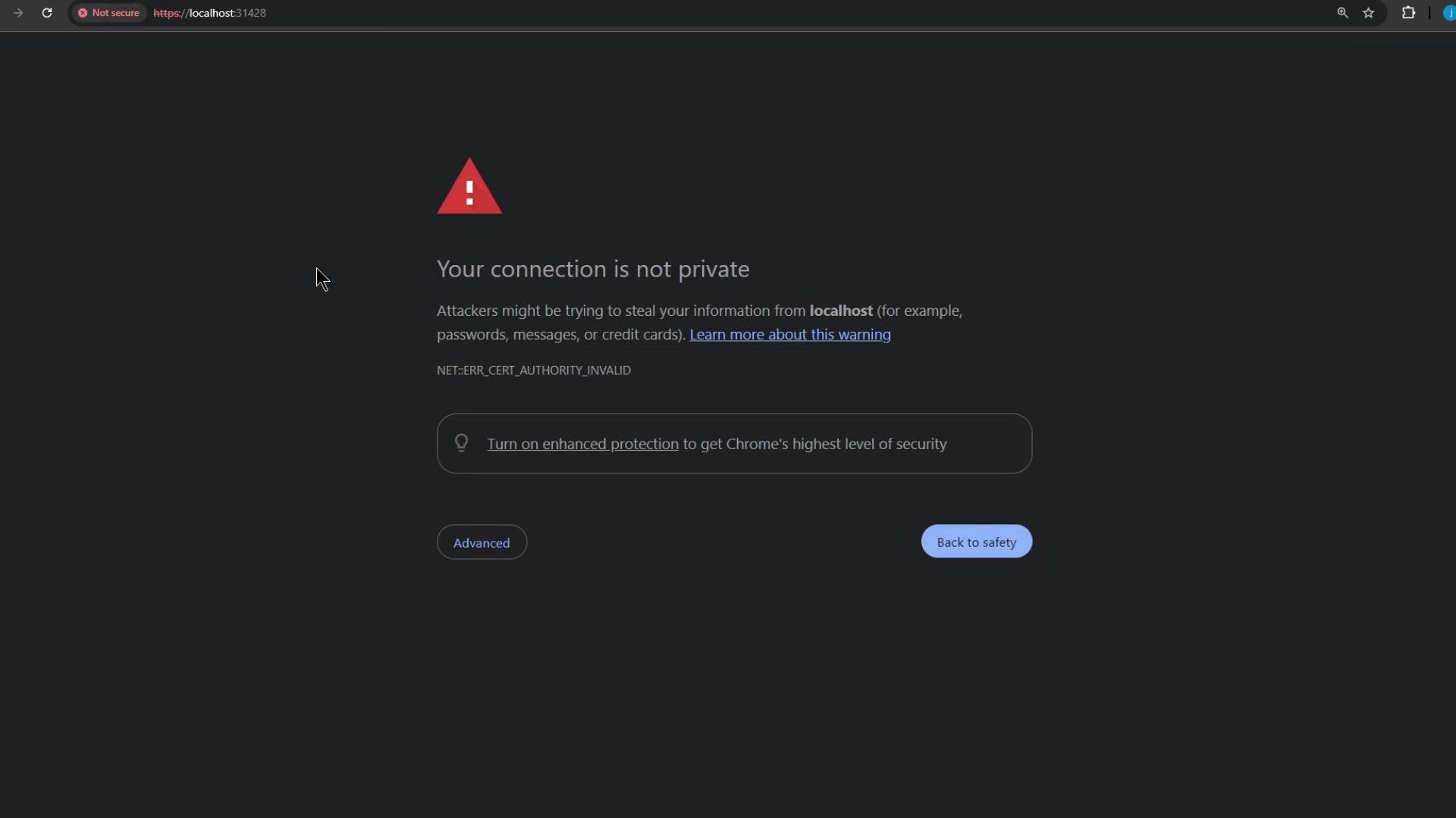 The image shows a browser security warning stating "Your connection is not private" with options to learn more, enhance security, or return to safety.