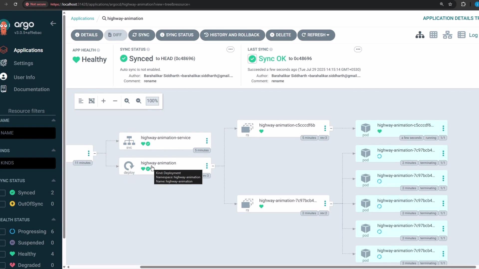 The image shows an Argo CD dashboard displaying the status and configuration of a Kubernetes application named "highway-animation," indicating a healthy sync status with a visual representation of its components and pods.