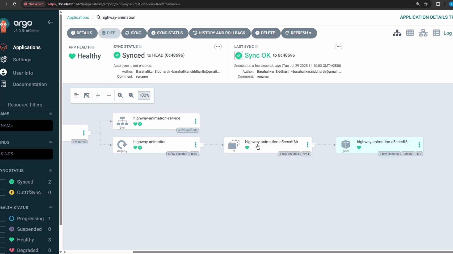 The image shows an interface for ArgoCD, displaying the status and details of an application called "highway-animation," which is healthy and synced to the latest commit. A visual workflow represents the deployment process from service to pod.