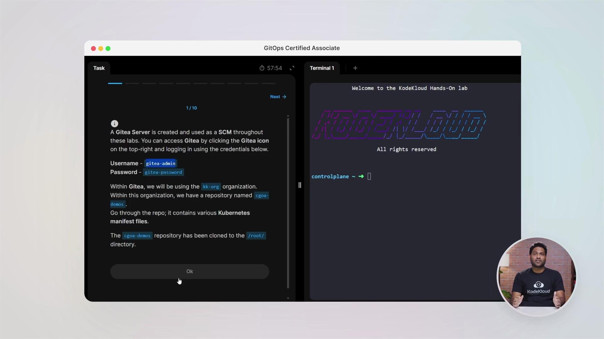 The image shows a split screen with a text-based task on the left explaining how to access a Gitea server and a terminal window on the right displaying a welcome message from KodeKloud. There is also a video overlay of a person speaking.