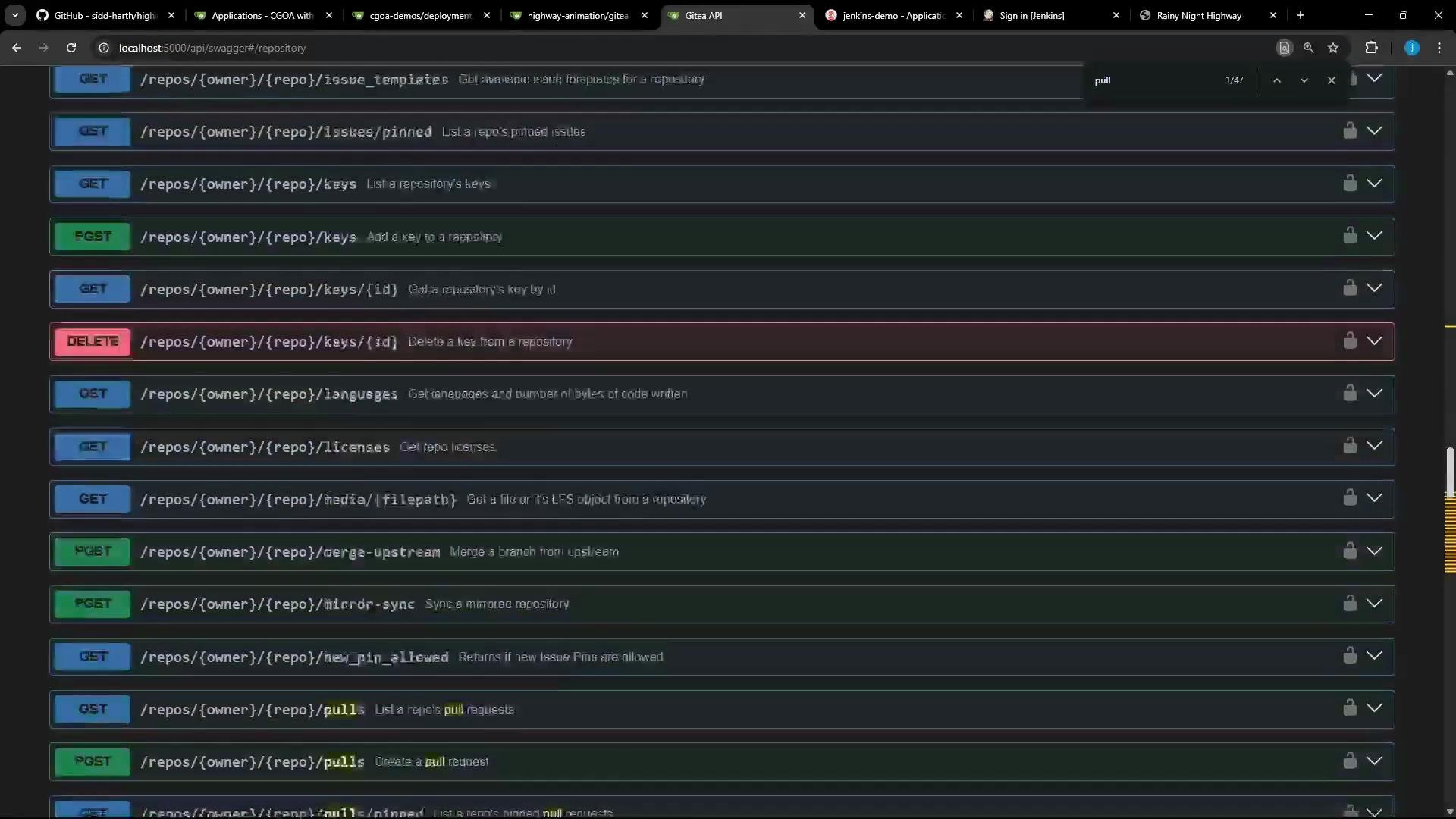 The image shows a webpage displaying a list of API endpoints related to a repository, with various HTTP methods like GET, POST, and DELETE highlighted in different colors.