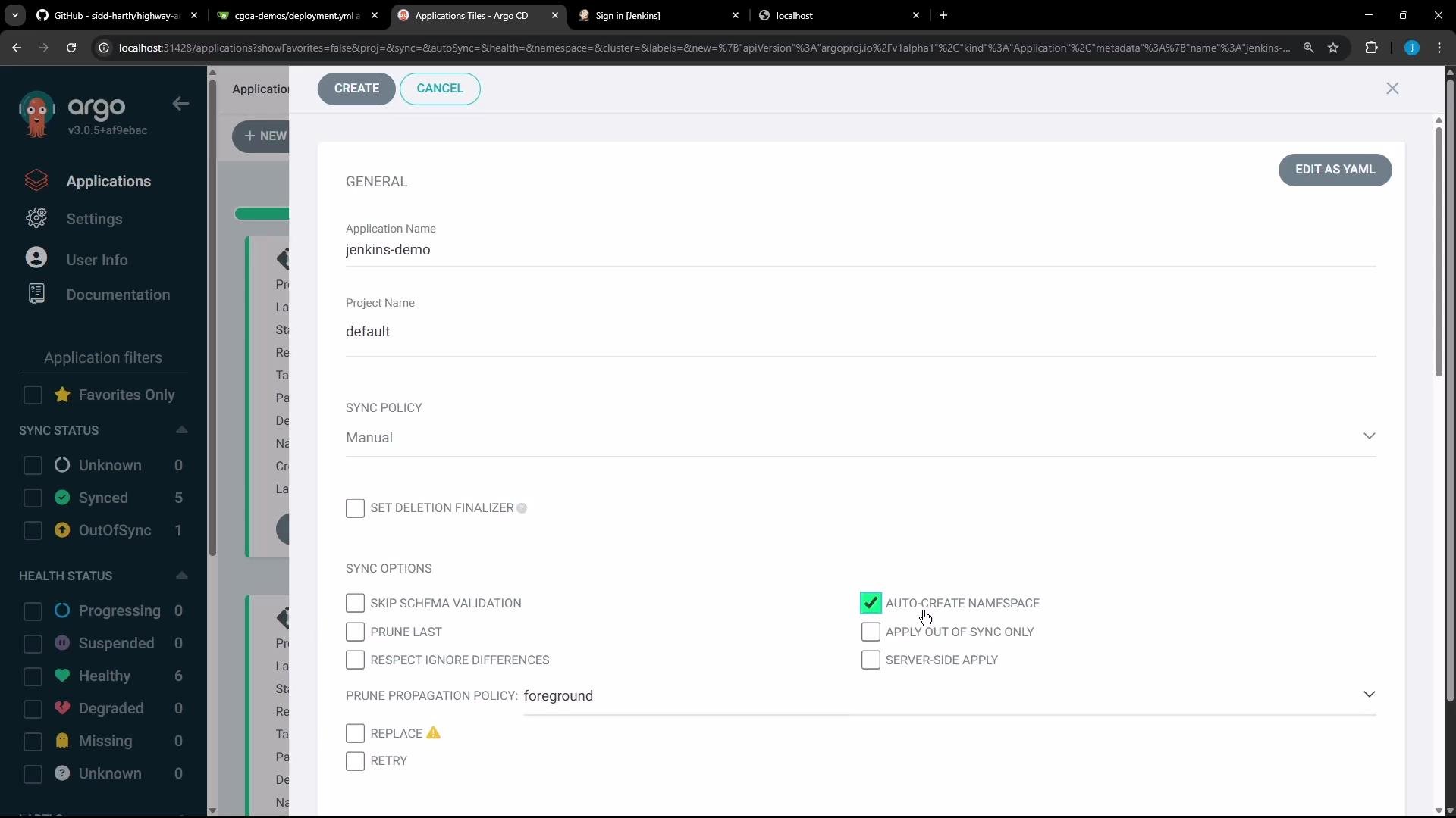 The image shows an Argo CD application creation interface with settings for a "jenkins-demo" application. Options for sync policy, sync options, and project details are visible.