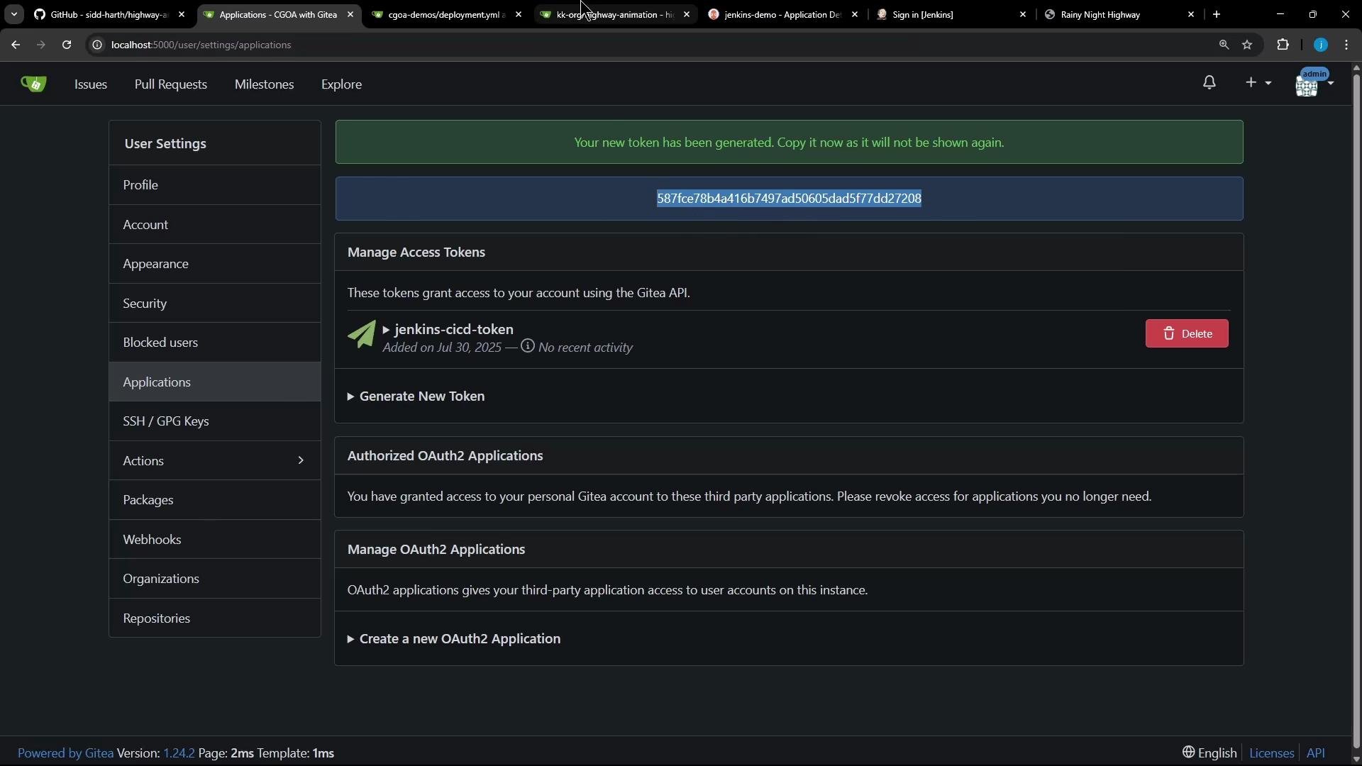 The image shows the Gitea user settings interface, specifically the applications section where access tokens and OAuth2 applications can be managed. A new token has been generated and is displayed with a note to copy it as it won't be shown again.