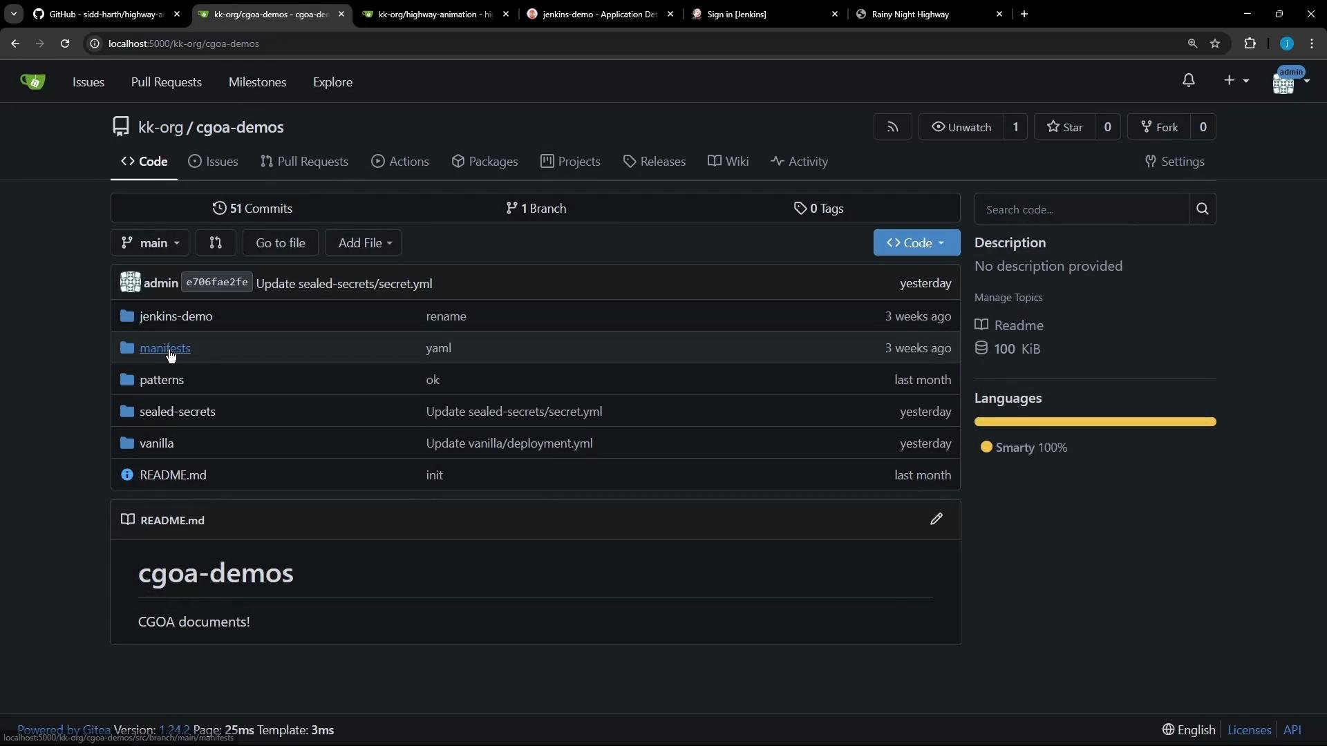 The image shows a GitHub repository interface with various directories and files listed, such as "jenkins-demo" and "README.md," all presented under the branch "main" with commit details on updates made.