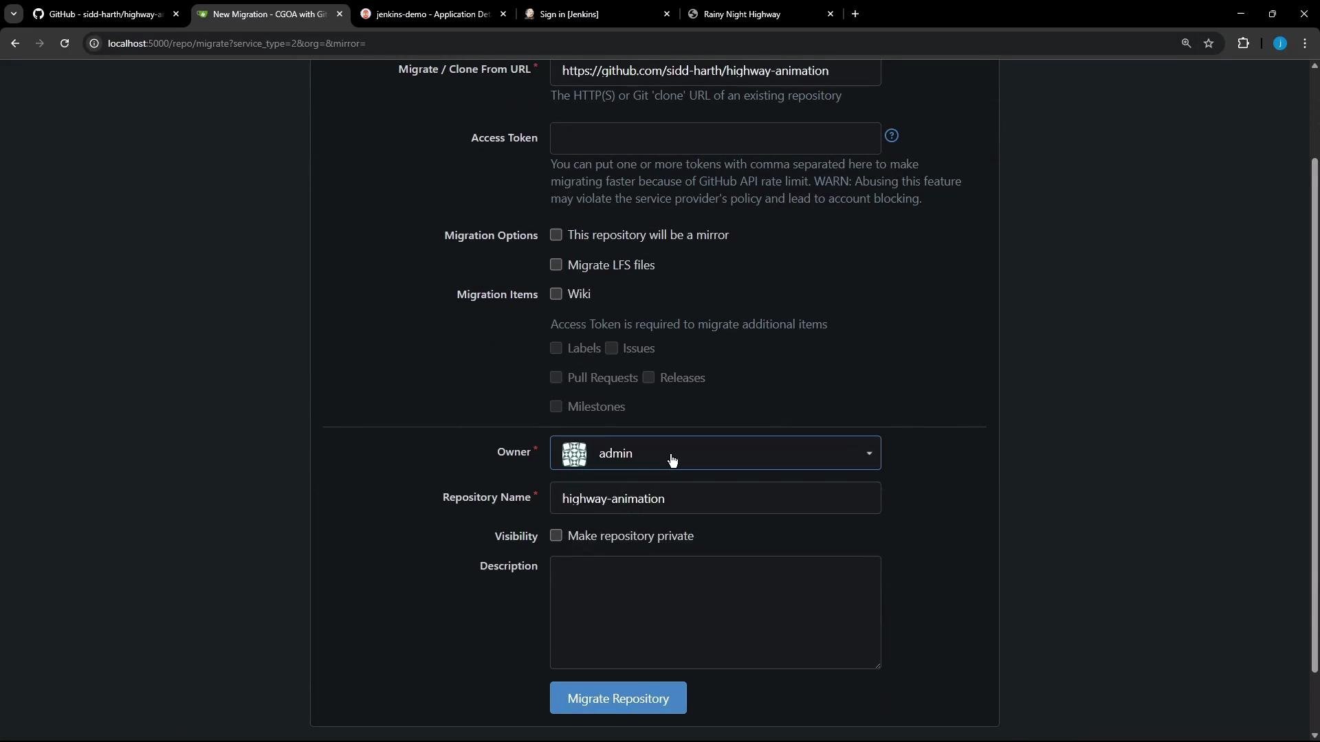 The image shows a web interface for migrating a GitHub repository, with fields for URL input, access token, migration options, and repository details such as owner and visibility settings.
