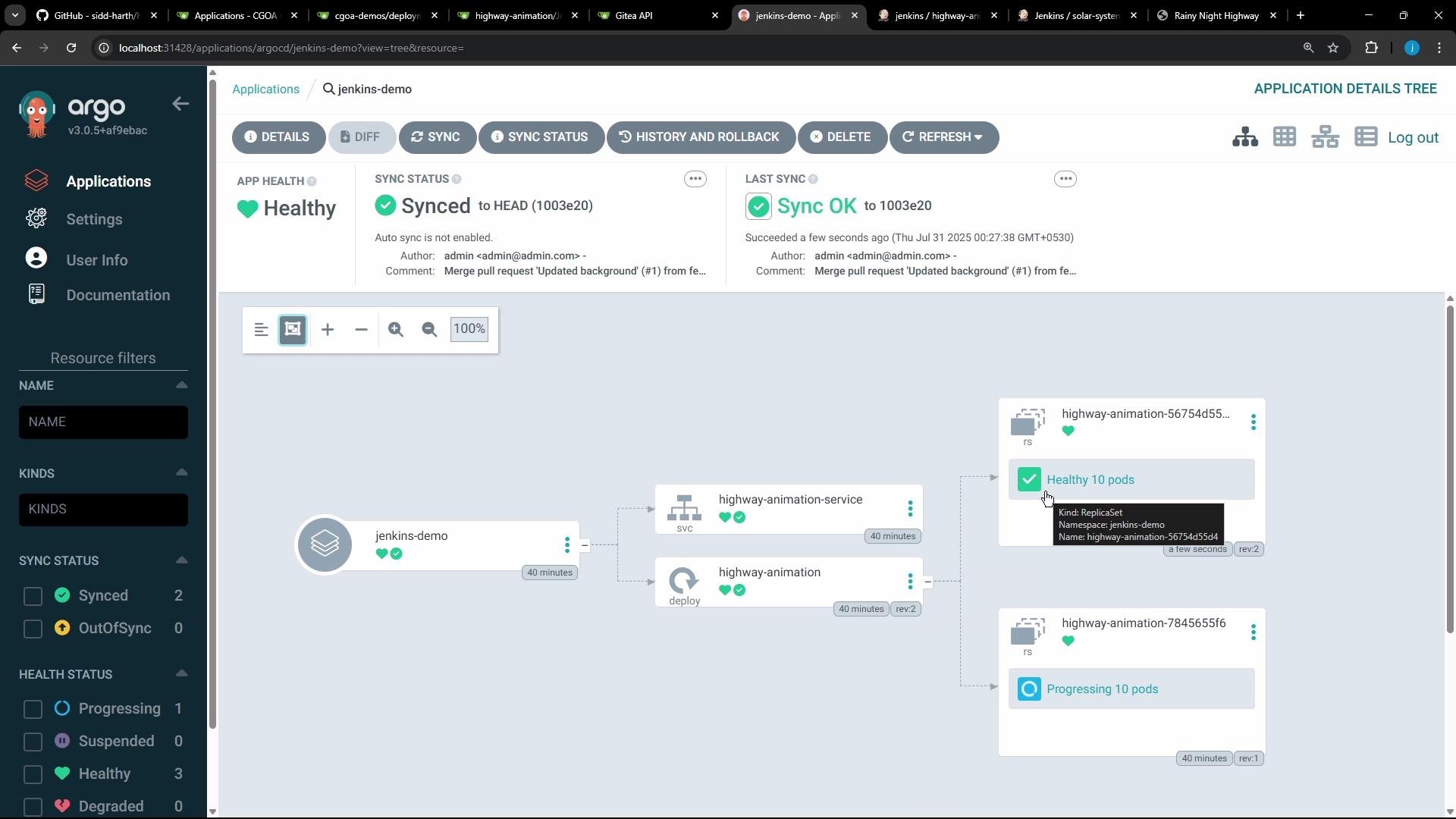 The image shows a dashboard from Argo CD displaying the health and sync status of a "jenkins-demo" application, including details of its services and deployments with a healthy status for pods.