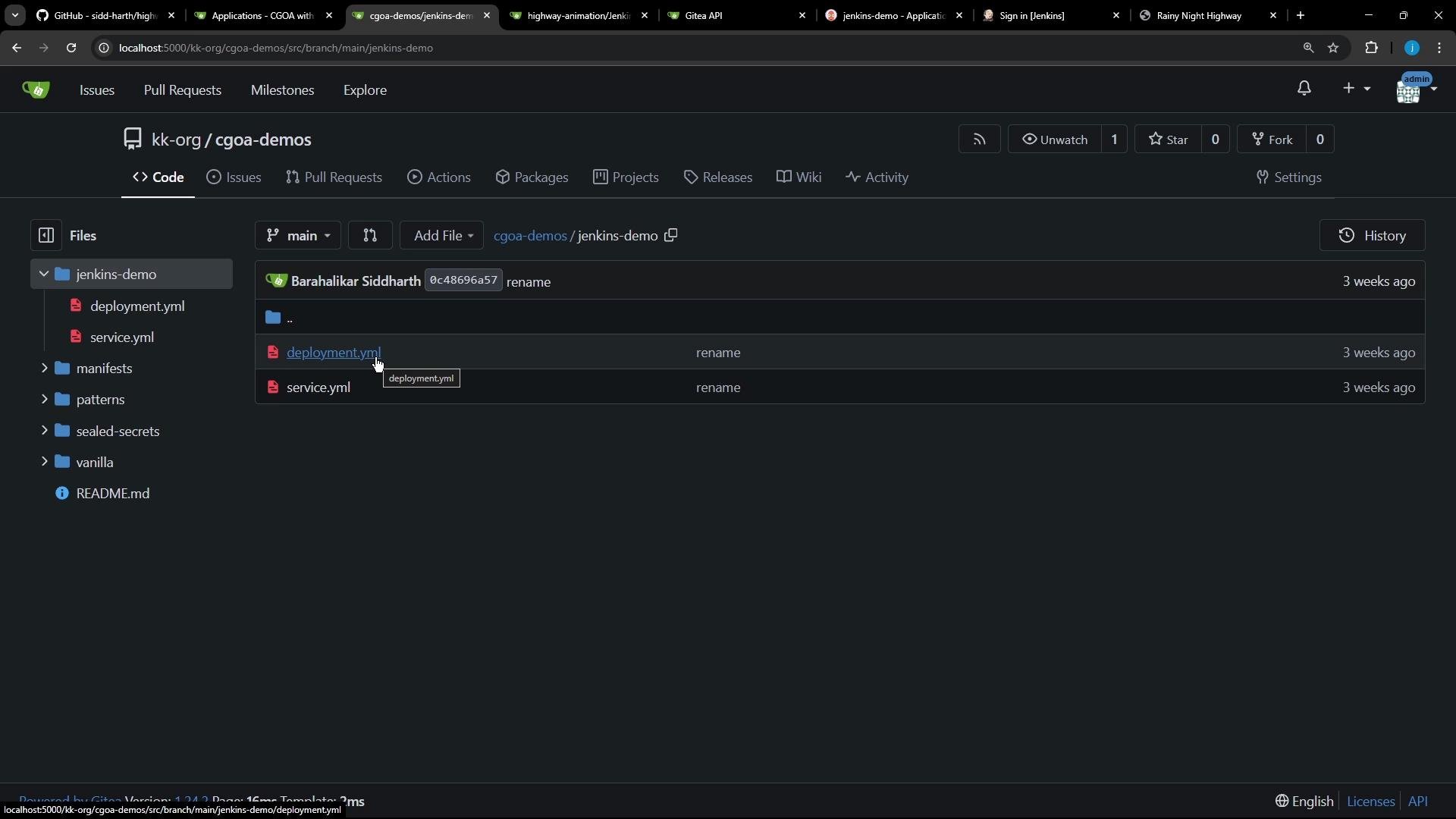 The image shows a Gitea repository interface displaying a folder structure for "jenkins-demo" with files named "deployment.yml" and "service.yml." The interface includes options for issues, pull requests, actions, and more.