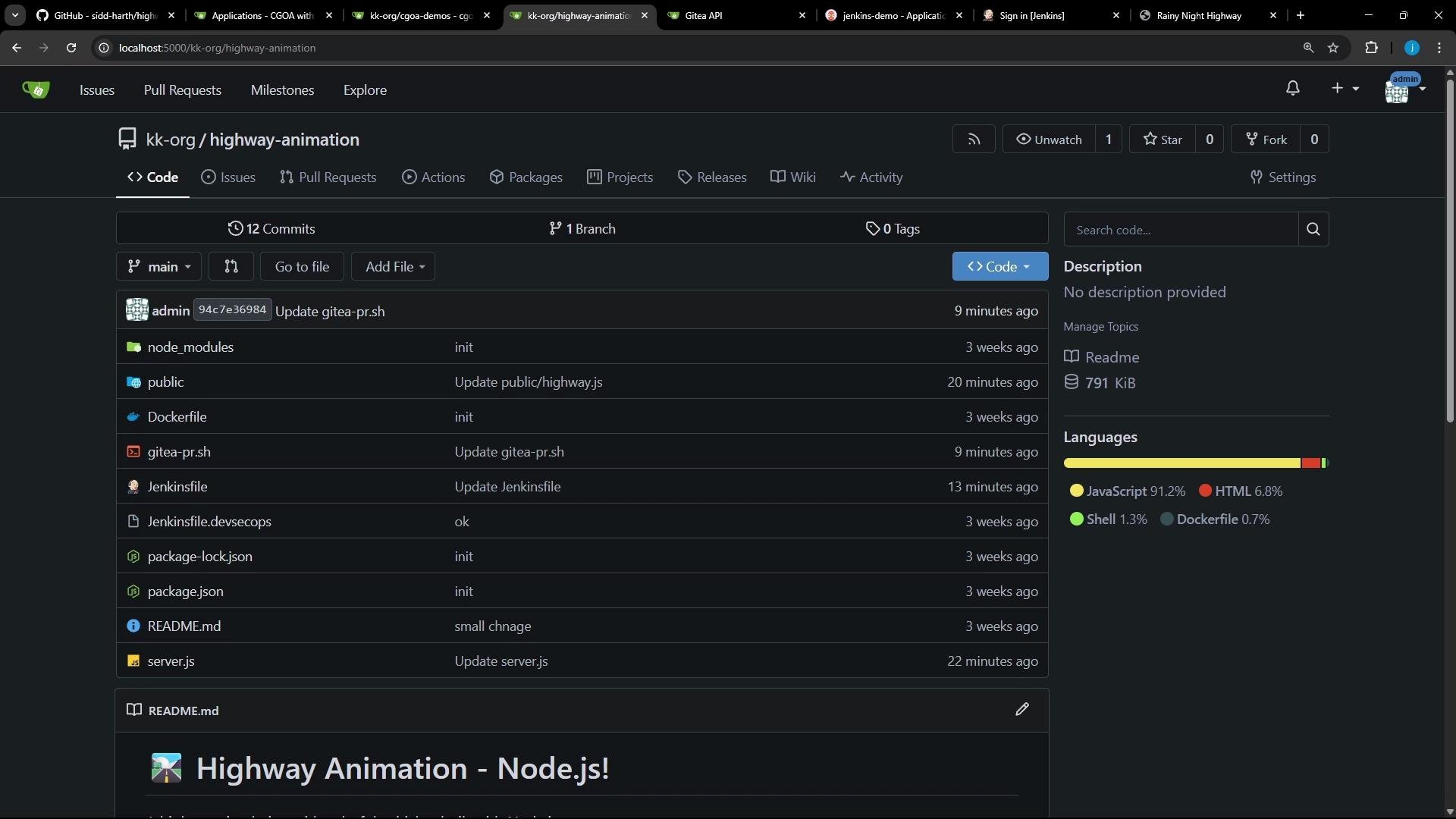 The image shows a GitHub repository page for a project named "highway-animation," featuring a list of files and directories along with their commit messages and timestamps. The repository predominantly uses JavaScript, with smaller portions of HTML, Shell, and Dockerfile code.