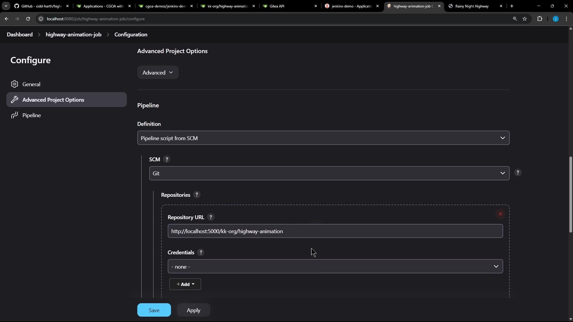 The image shows a configuration page for a Jenkins job, specifically for setting up a pipeline script from a source control management system using Git, with repository details filled in.