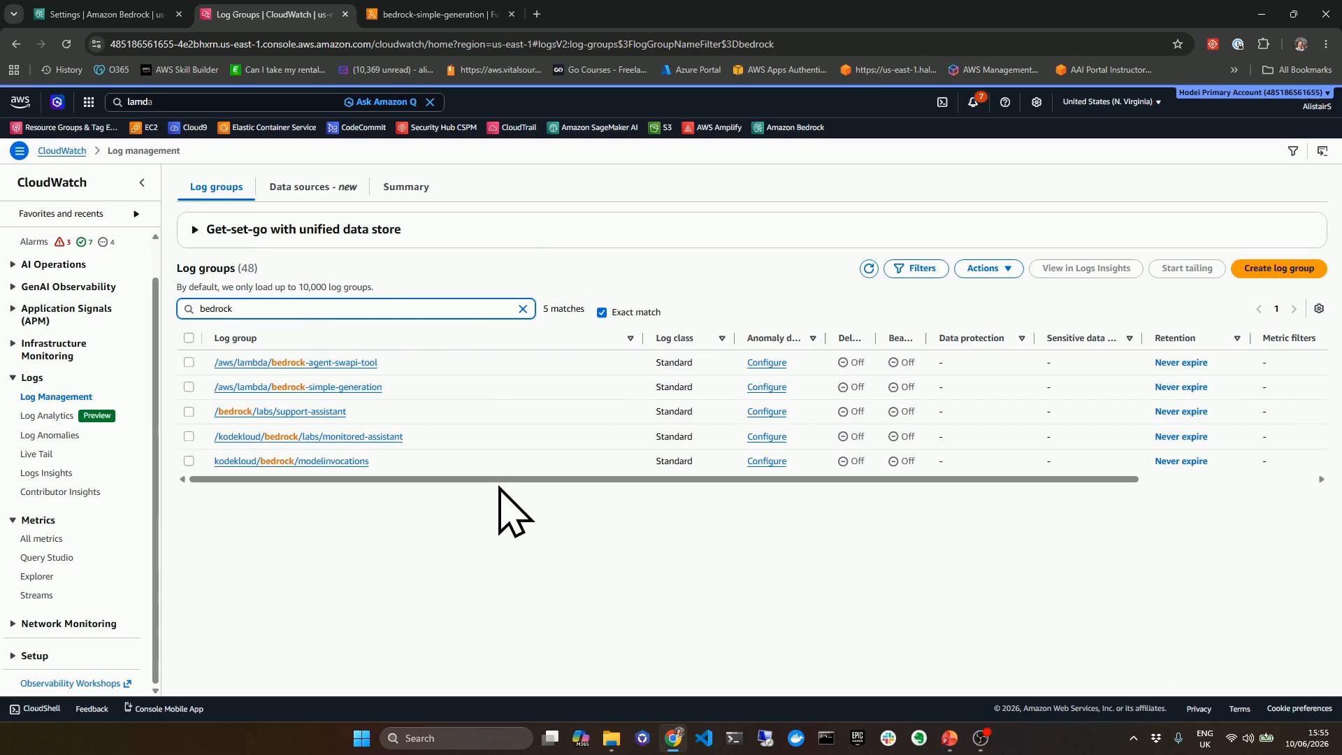 A screenshot of the AWS CloudWatch Log Management console showing a search for "bedrock" with several log group entries listed (e.g., /aws/lambda/bedrock-simple-generation). The CloudWatch sidebar and top navigation are visible along with action buttons like "Create log group" and "View in Logs Insights."