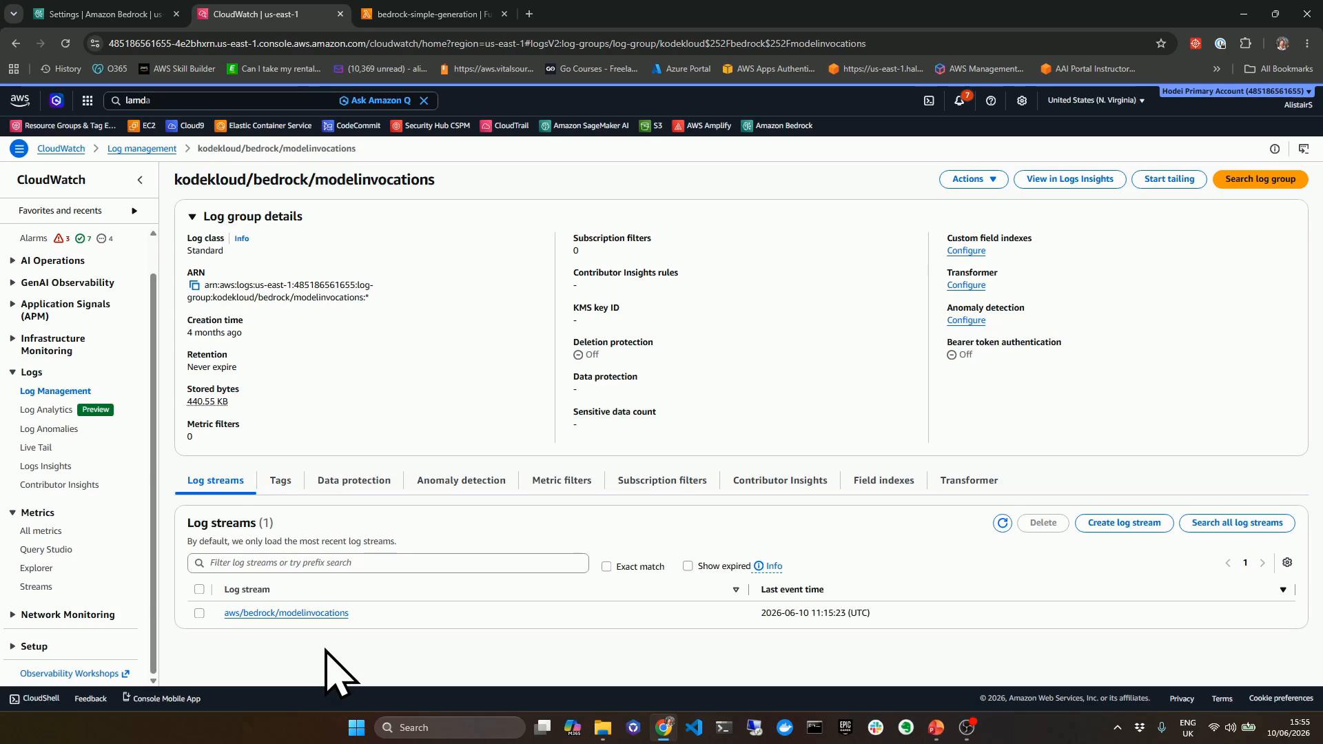 A screenshot of the AWS CloudWatch console showing the "kodekloud/bedrock/modelinvocations" log group details page with ARN, creation time, retention, stored bytes and a log streams section. The left sidebar shows AWS monitoring navigation (Logs, Metrics, Infrastructure Monitoring, etc.).