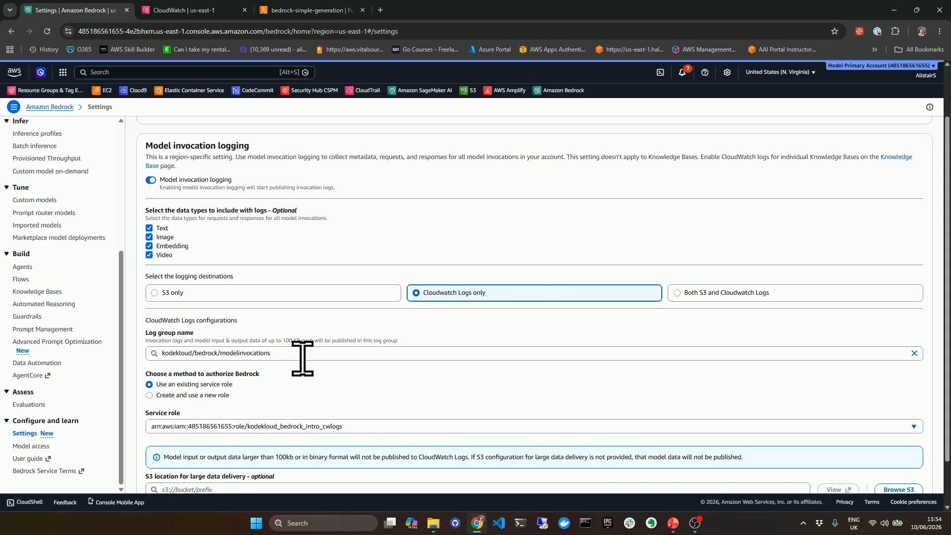 A screenshot of the AWS Management Console showing the Amazon Bedrock "Settings" page, specifically the Model invocation logging section with options for logging data types and CloudWatch Logs selected. The left sidebar shows Bedrock navigation items like Infer, Tune, Build, and Assess.