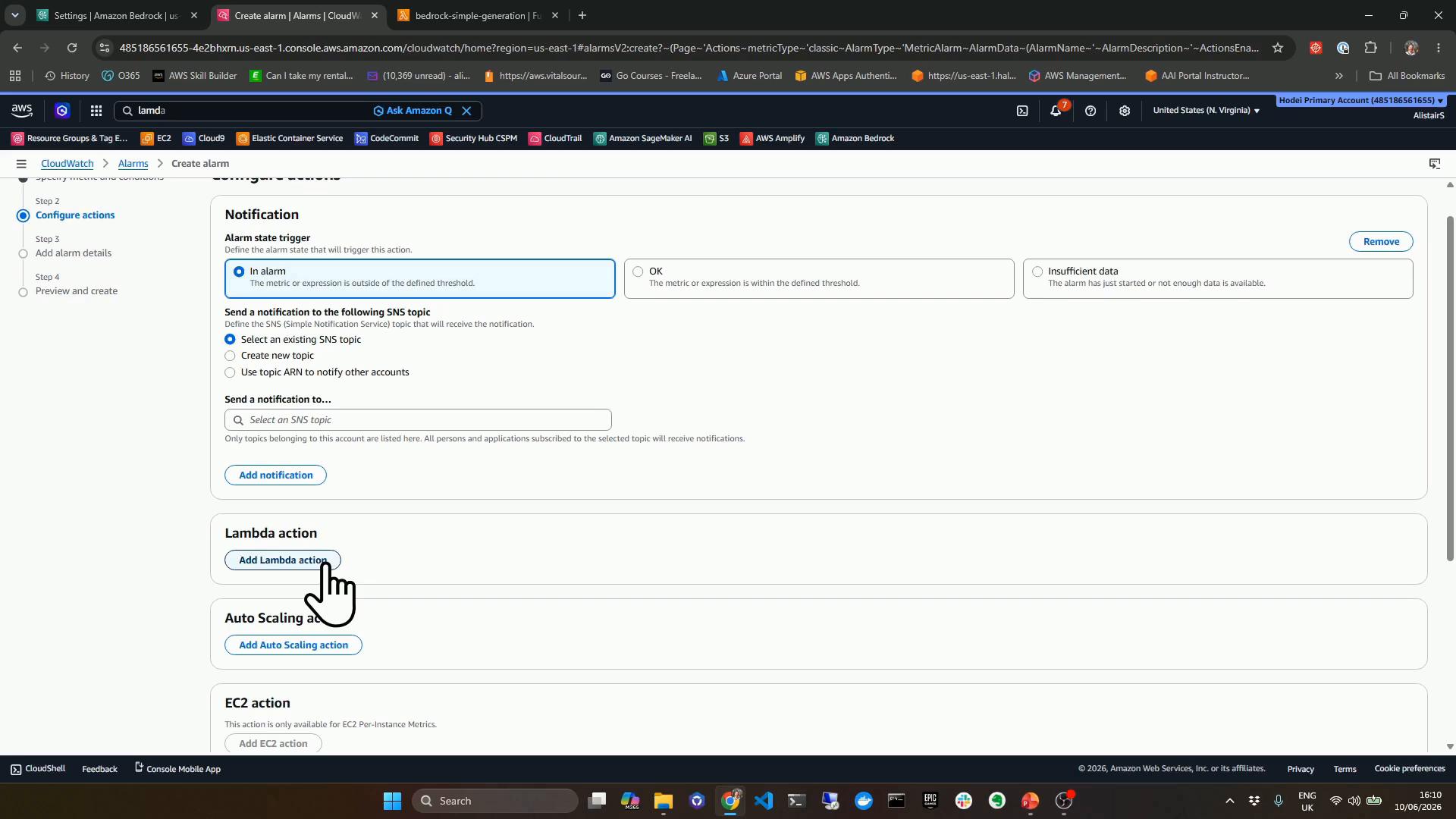 A screenshot of the AWS CloudWatch "Create alarm" console on the Configure actions step, showing notification settings with "In alarm" selected and options to send to an SNS topic. Below are buttons to add Lambda, Auto Scaling, and EC2 actions.