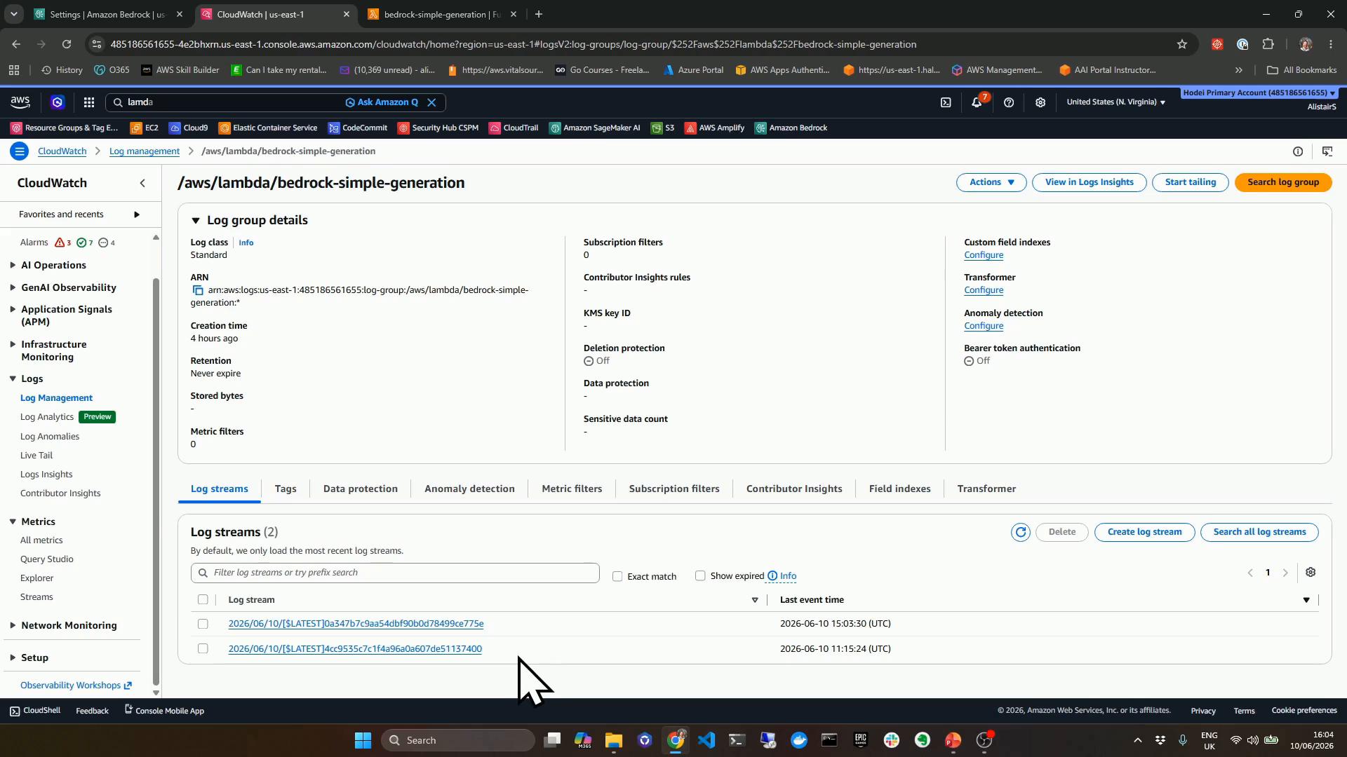 A screenshot of the AWS CloudWatch console displaying the log group "/aws/lambda/bedrock-simple-generation" with its details (ARN, creation time, retention) and a list of log streams. A large mouse pointer is visible near the bottom of the screen.