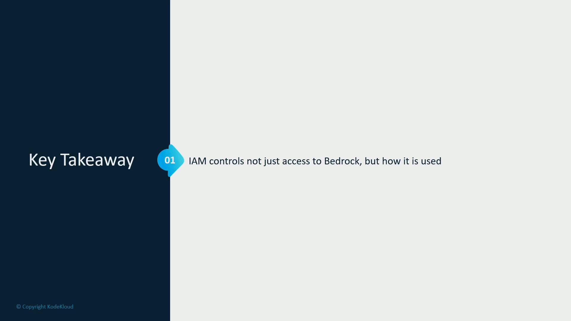 A presentation slide with a dark left panel labeled "Key Takeaway." On the right, a small blue callout numbered "01" contains the text "IAM controls not just access to Bedrock, but how it is used."