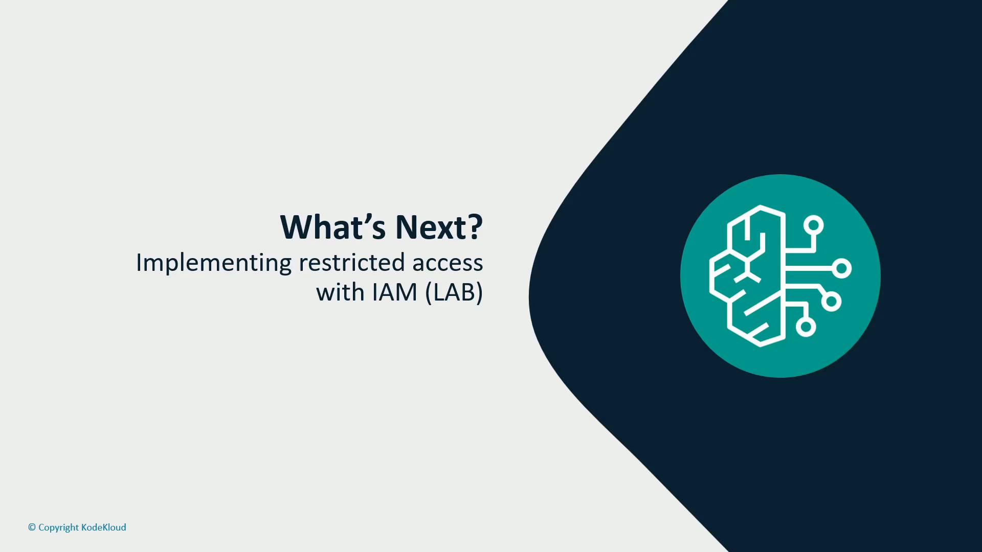 A presentation slide titled "What's Next? Implementing restricted access with IAM (LAB)". On the right is a teal circular icon showing a stylized brain with circuit lines against a dark curved background.