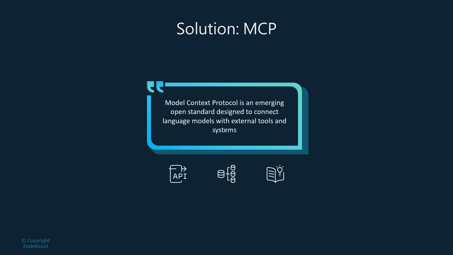 A dark-themed slide titled "Solution: MCP" with a highlighted quote defining the Model Context Protocol as an emerging open standard to connect language models with external tools and systems. Below the quote are icons representing an API, databases, and documentation/ideas.