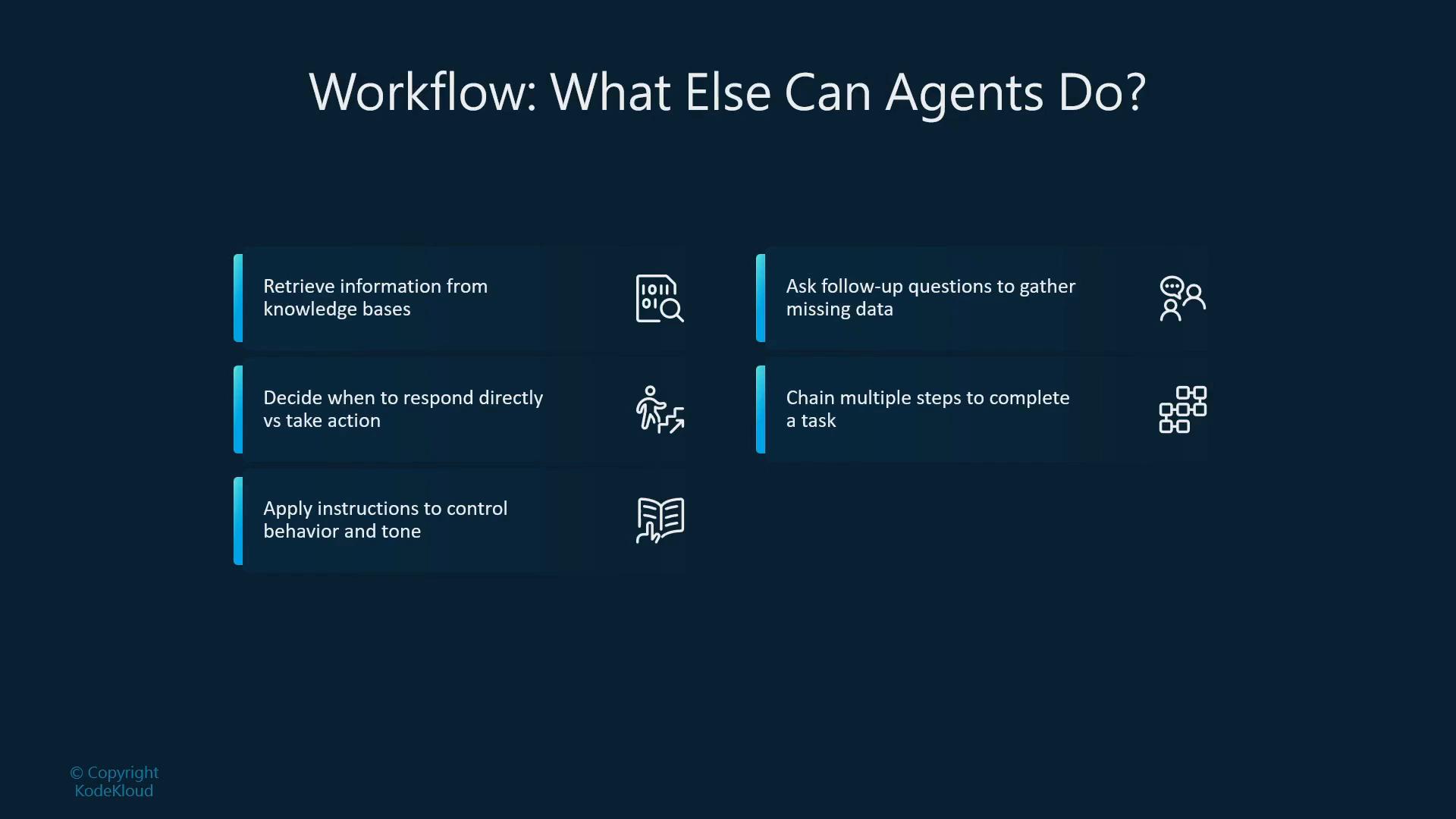 A dark-themed presentation slide titled "Workflow: What Else Can Agents Do?" listing agent capabilities such as retrieving information from knowledge bases, asking follow-up questions, deciding when to respond versus take action, chaining multiple steps to complete tasks, and applying instructions to control behavior and tone, each paired with an icon.