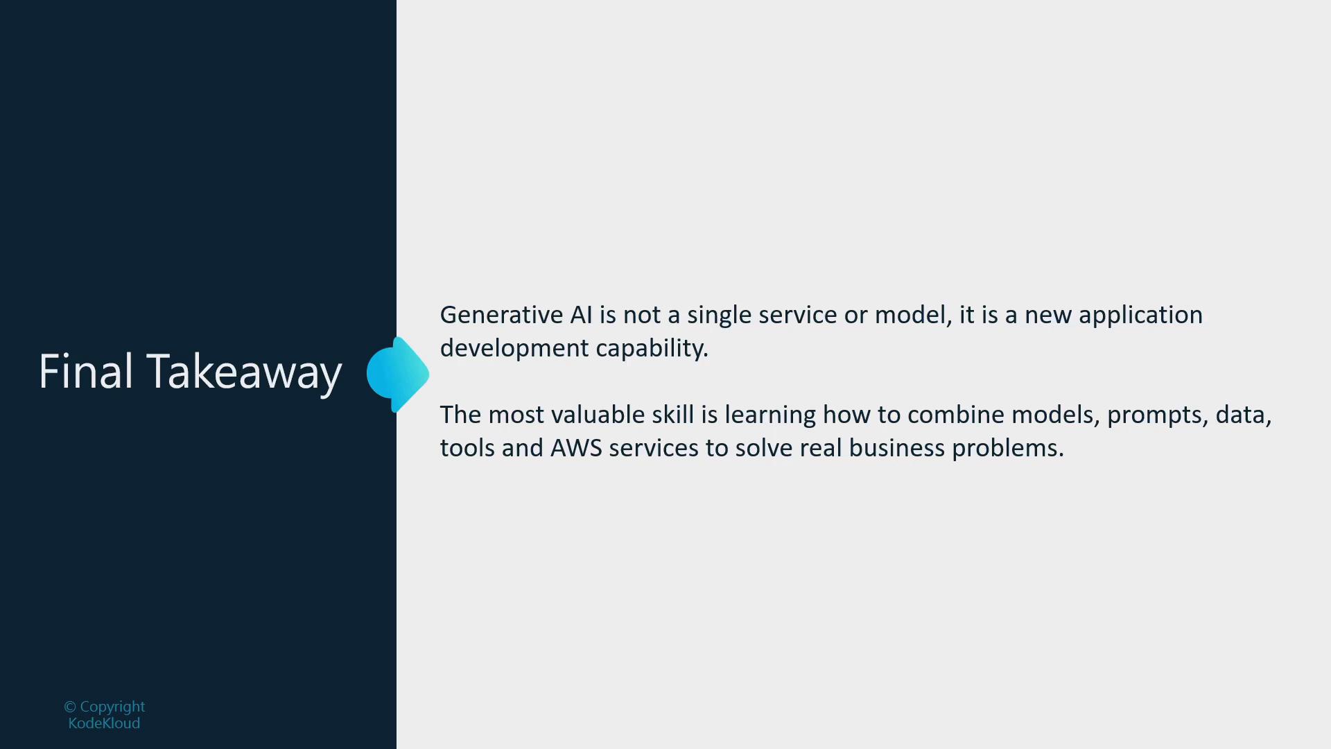 A presentation slide titled "Final Takeaway" with text explaining that generative AI is a new application development capability rather than a single service or model. It advises that the key skill is combining models, prompts, data, tools and AWS services to solve real business problems.