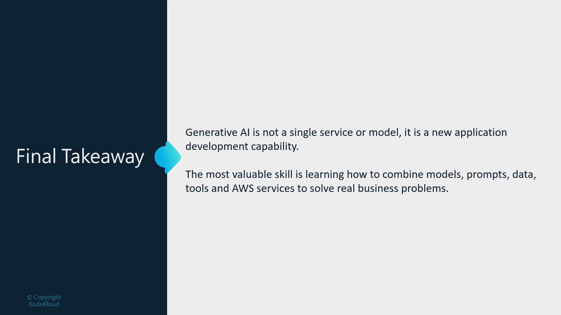A presentation slide titled "Final Takeaway" with text explaining that generative AI is a new application development capability rather than a single service or model. It advises that the key skill is combining models, prompts, data, tools and AWS services to solve real business problems.