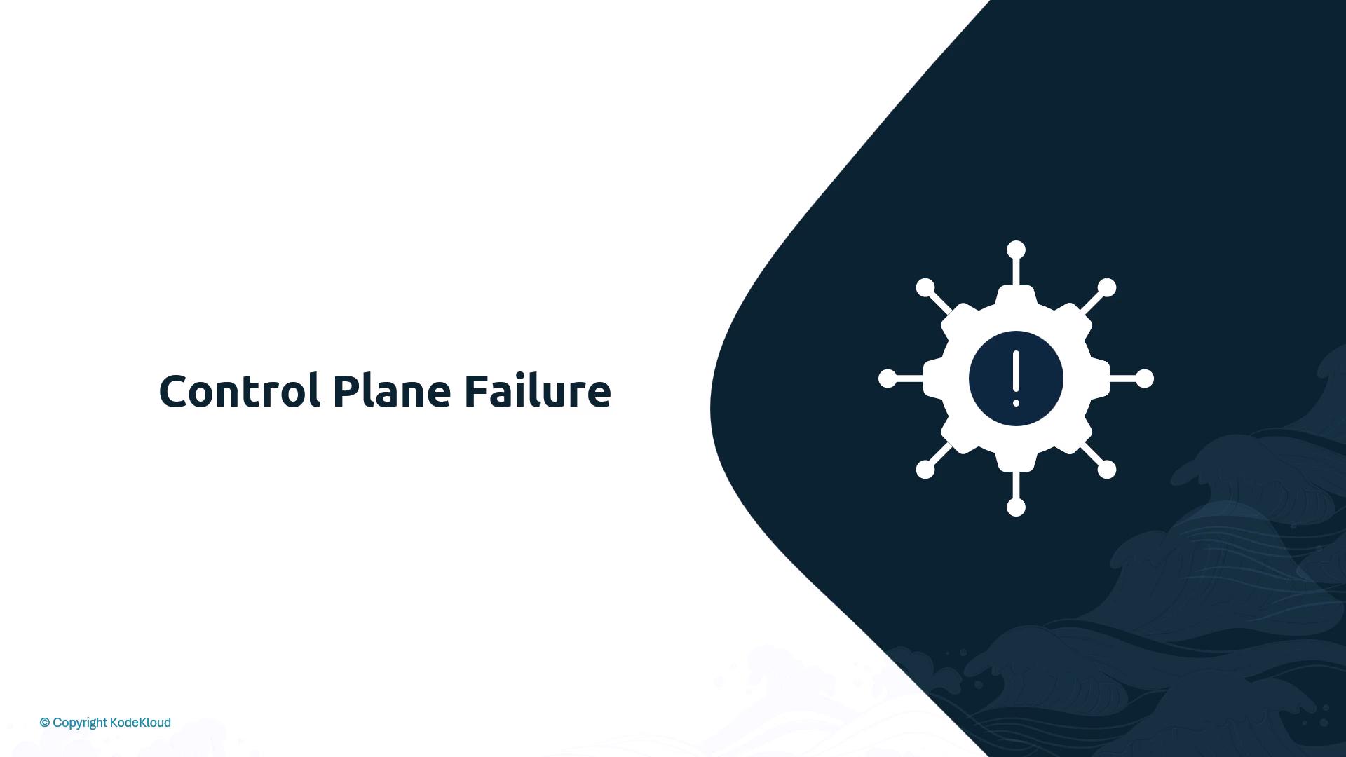 A presentation slide with the title "Control Plane Failure" on the left and a dark curved panel on the right. The right side shows a gear-like network icon with an exclamation mark, indicating an alert or error.