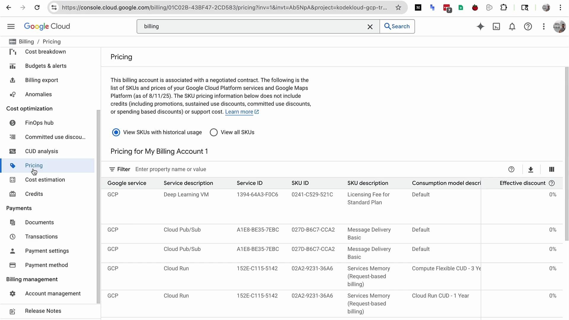The image shows a Google Cloud billing page displaying pricing information for various services, including Deep Learning VM and Cloud Pub/Sub. Each service is listed with details such as Service ID, SKU ID, description, consumption model, and effective discount.