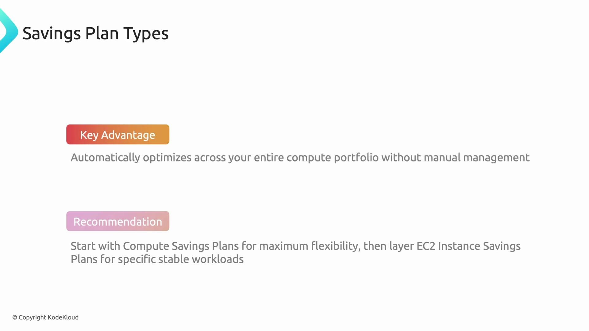 The image describes types of savings plans, highlighting key advantages of automatic optimization across compute portfolios and recommending using Compute Savings Plans for flexibility alongside EC2 Instance Savings Plans.