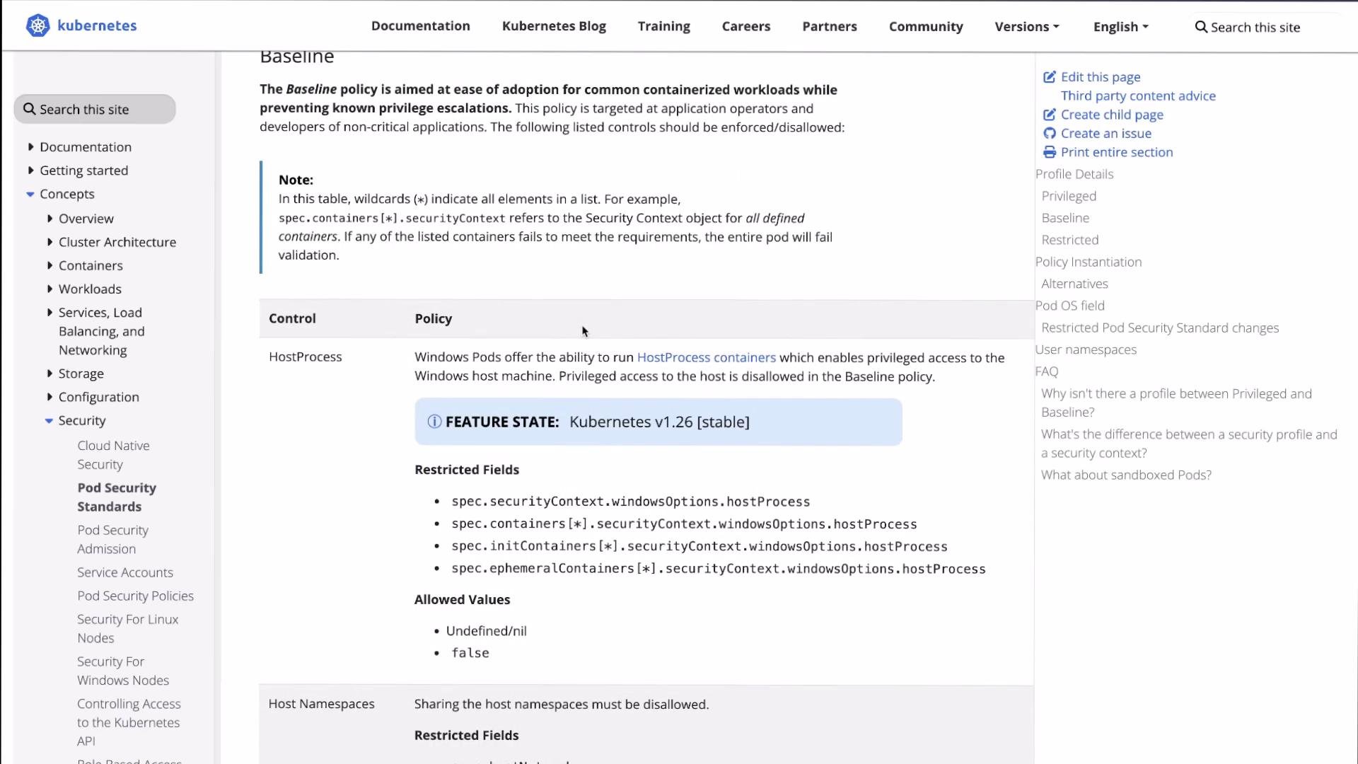 The image shows a webpage from the Kubernetes documentation discussing baseline security policies for containerized workloads, with a focus on managing Windows Pods and HostProcess configurations.