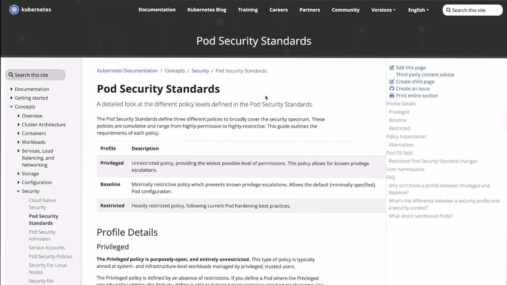 The image shows a webpage from the Kubernetes documentation discussing Pod Security Standards. It outlines different policy levels: Privileged, Baseline, and Restricted, with a navigation sidebar on the left.