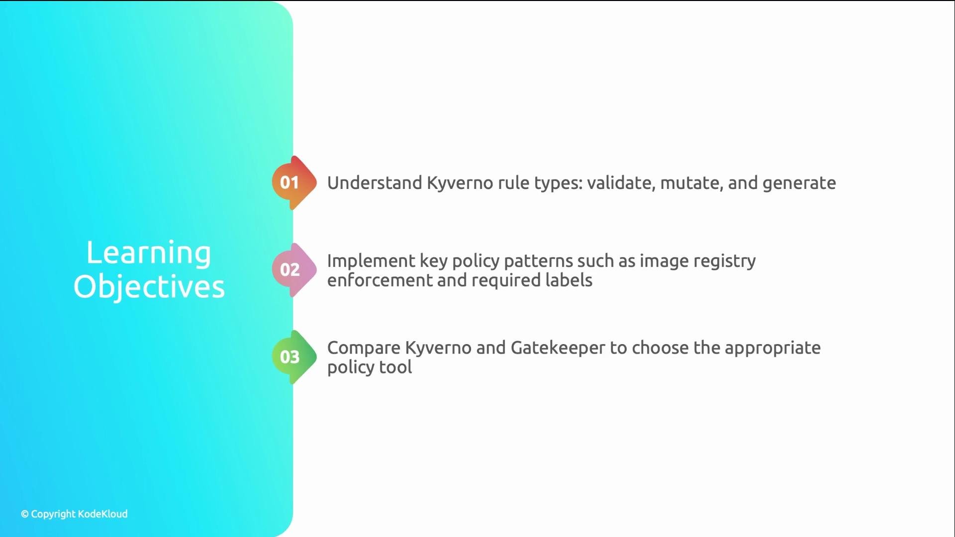 The image is a diagram listing learning objectives related to Kyverno, including understanding rule types, implementing policy patterns, and comparing Kyverno with Gatekeeper.