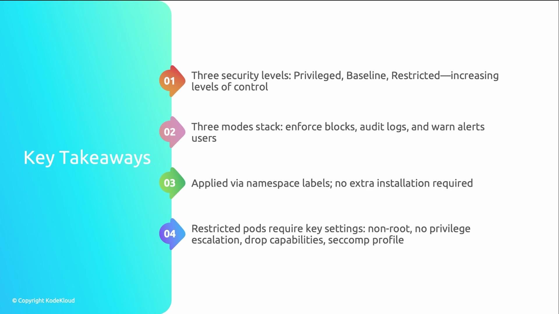 The image outlines four key security takeaways related to pod security levels, modes, namespace label application, and settings for restricted pods.
