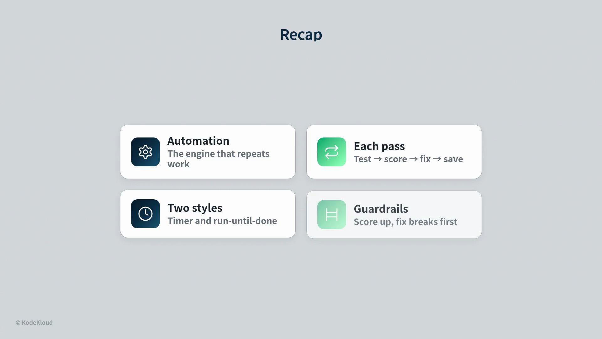 The image is a recap slide featuring four key concepts: Automation, Each pass, Two styles, and Guardrails, each with a brief description.