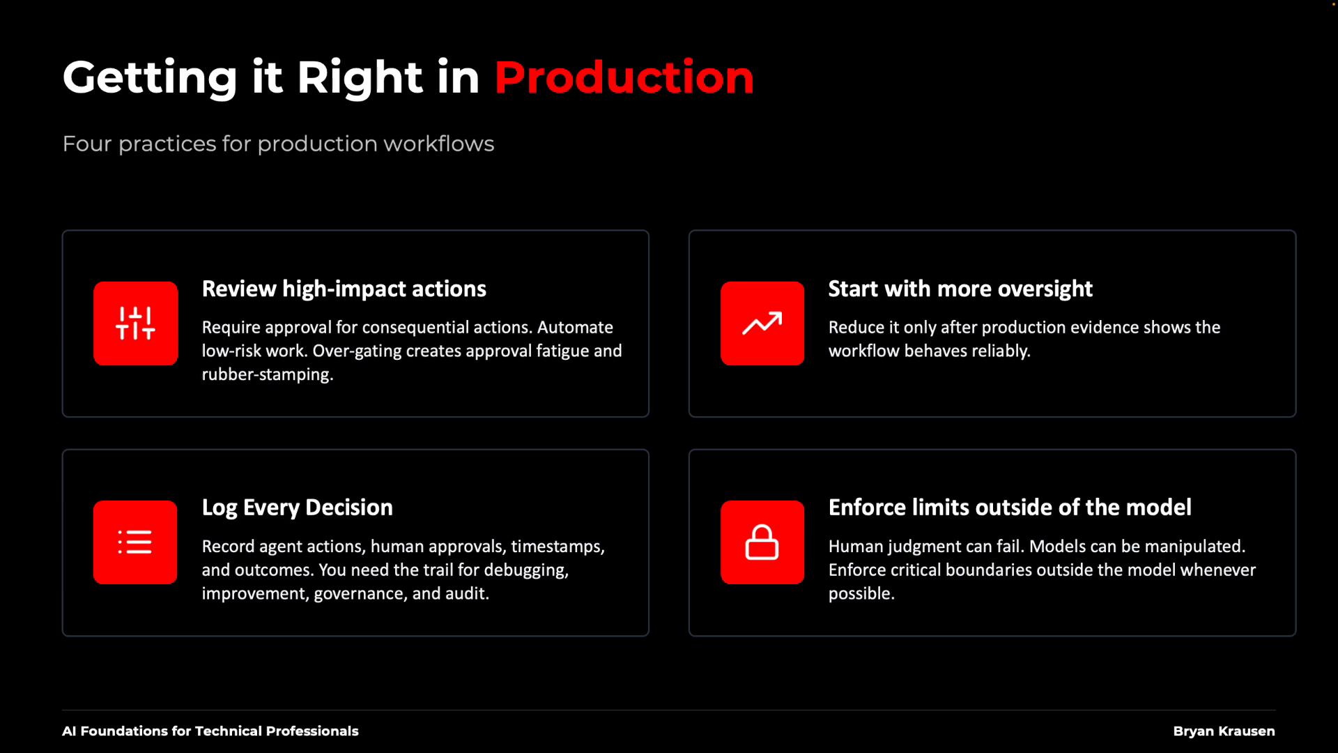 A dark-themed slide titled "Getting it Right in Production" that outlines four practices for production workflows. Each practice has a red icon and brief text: "Review high-impact actions," "Start with more oversight," "Log Every Decision," and "Enforce limits outside of the model."