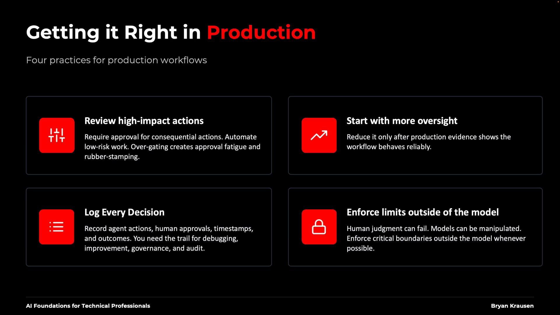A dark-themed slide titled "Getting it Right in Production" that outlines four practices for production workflows. Each practice has a red icon and brief text: "Review high-impact actions," "Start with more oversight," "Log Every Decision," and "Enforce limits outside of the model."