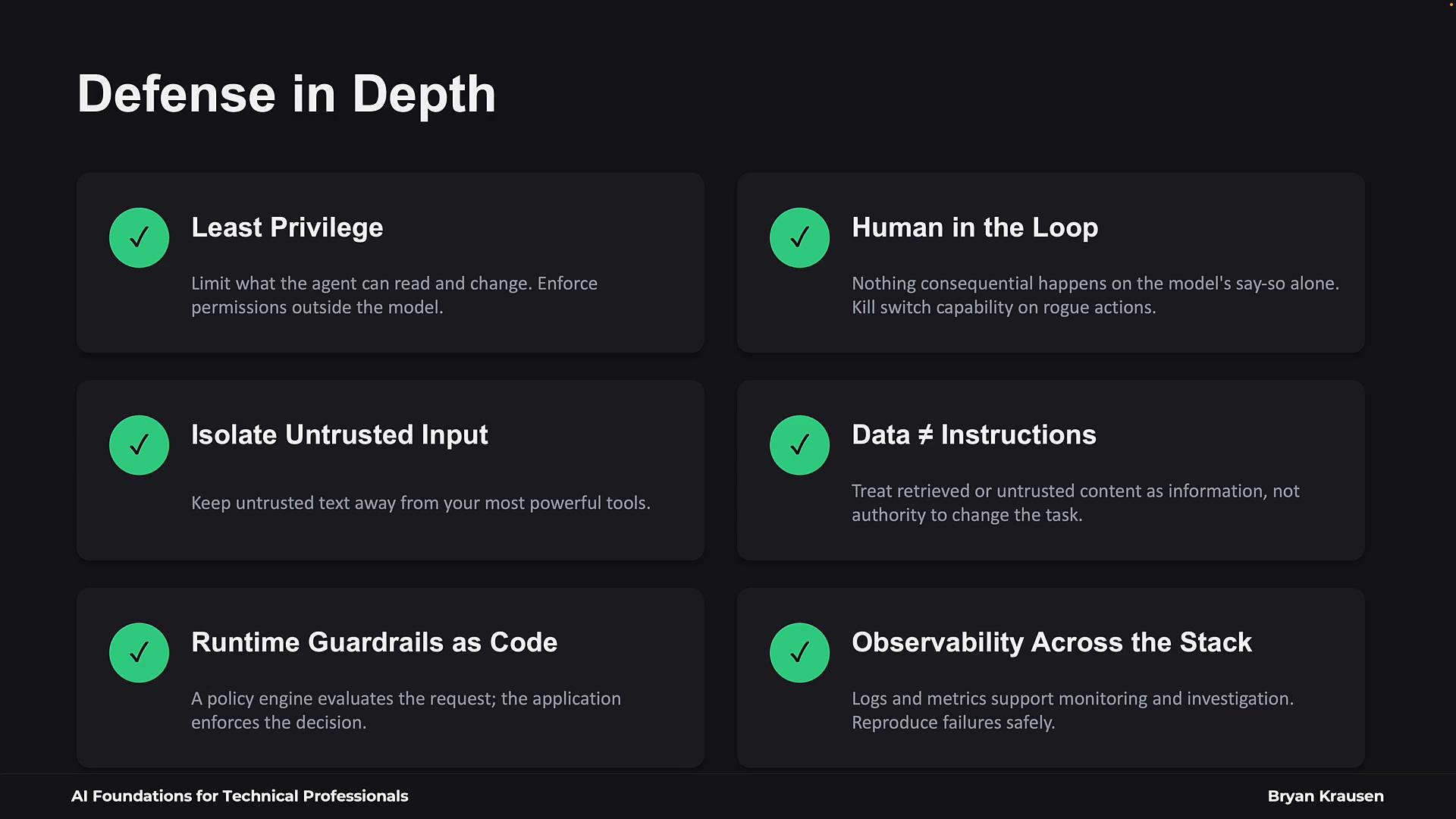 A dark-themed slide titled "Defense in Depth" showing cards with security best-practice items. The cards list principles like Least Privilege, Human in the Loop, Isolate Untrusted Input, Data ≠ Instructions, Runtime Guardrails as Code, and Observability Across the Stack.