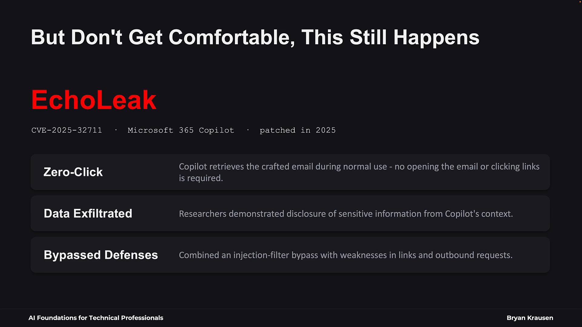A dark-themed slide titled "EchoLeak" (in large red text) describing a Microsoft 365 Copilot vulnerability (CVE-2025-32711) that was patched in 2025. It lists that the issue is zero-click, led to data exfiltration, and bypassed defenses.