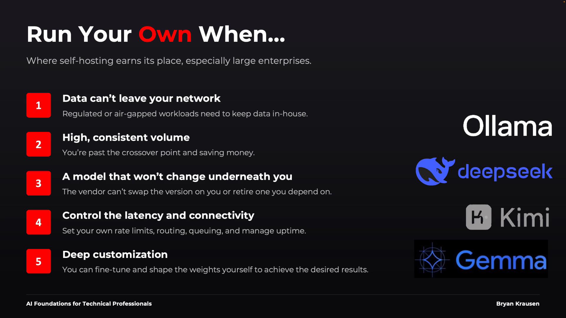 A dark-themed presentation slide titled "Run Your Own When..." that lists numbered reasons to self-host (e.g., data can't leave your network, high consistent volume, stable model, control latency, deep customization). The right side shows several vendor logos and the slide footer credits "AI Foundations for Technical Professionals" and Bryan Krausen.