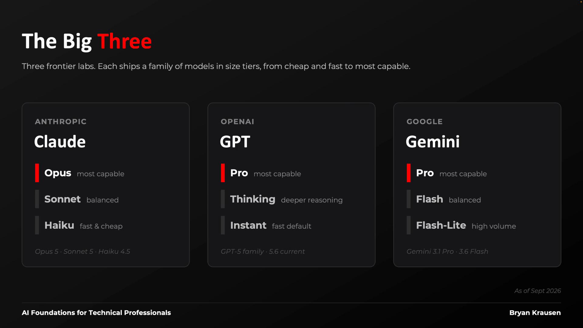 A dark-themed slide titled "The Big Three" comparing three AI model families. It shows columns for Anthropic (Claude), OpenAI (GPT), and Google (Gemini) with tiered model names like Opus/Pro/Flash and short capability labels.