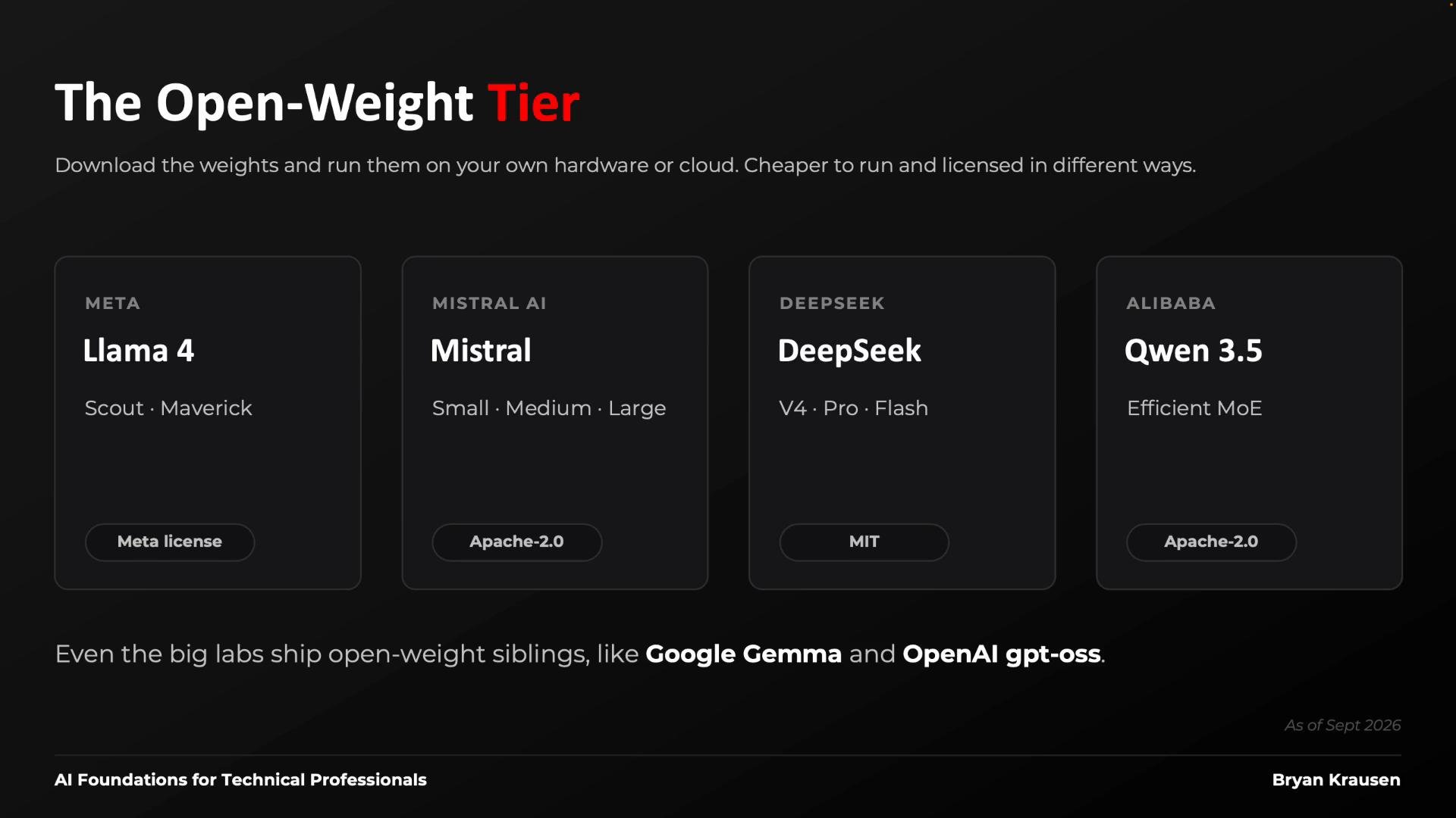 A dark-themed webpage graphic titled "The Open-Weight Tier" showing cards for open-weight models — Llama 4 (Meta), Mistral, DeepSeek, and Qwen 3.5 — with brief descriptions and license labels.