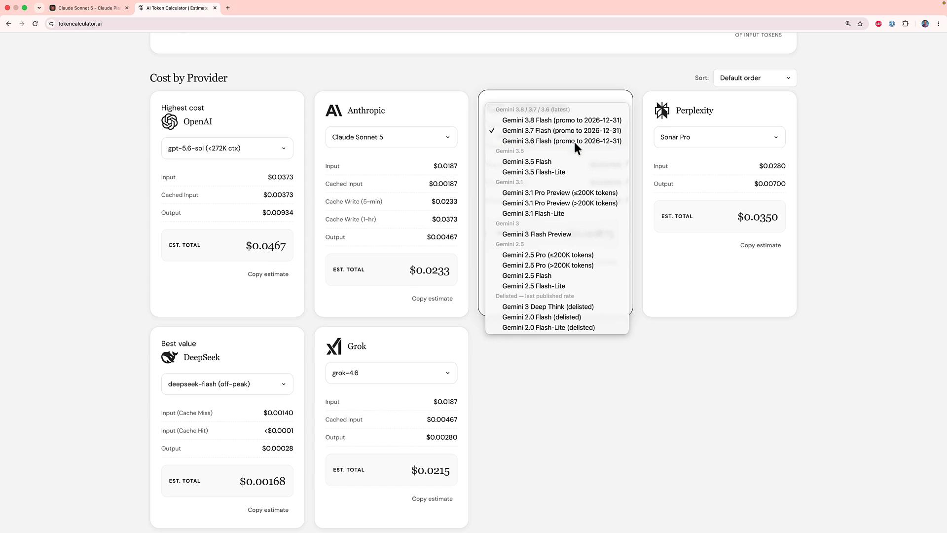A screenshot of a web dashboard comparing AI provider costs, showing cards for OpenAI, Anthropic (Claude Sonnet 5), Perplexity, DeepSeek and Grok with input/output pricing and estimated totals. A dropdown menu in the center lists various Gemini model options.