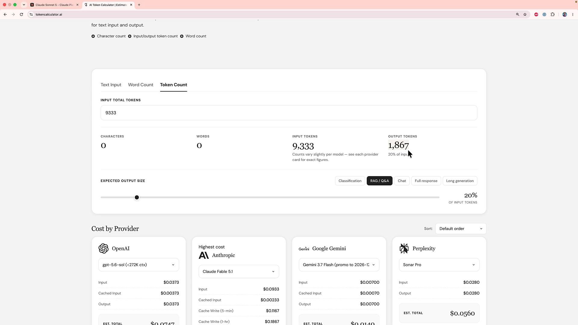 A screenshot of a token/cost calculator webpage showing an "Input Total Tokens" of 9,333 and an expected "Output Tokens" of 1,867 (20% of input). The lower part of the page displays cost-by-provider cards for models like OpenAI, Anthropic, Google Gemini, and Perplexity.