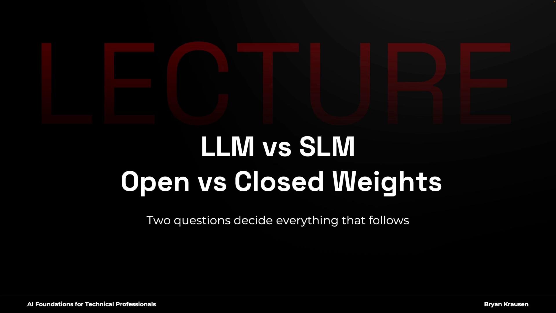 A dark lecture slide with a faint red "LECTURE" header and bold white title reading "LLM vs SLM — Open vs Closed Weights." A smaller subtitle below says "Two questions decide everything that follows."