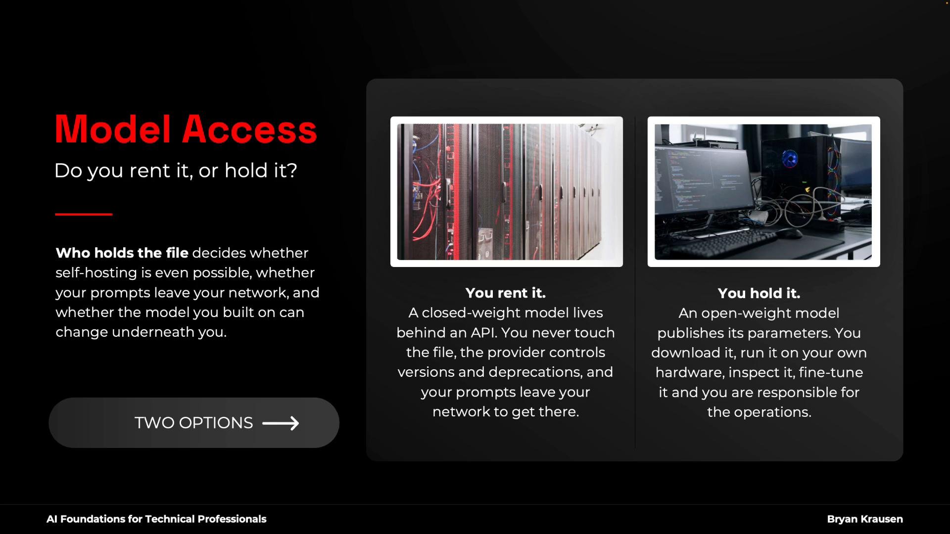 A dark-themed slide titled "Model Access — Do you rent it, or hold it?" Contrasting two options with a photo of server racks for "You rent it" and a desktop PC with monitors and cables for "You hold it," plus short explanatory text.