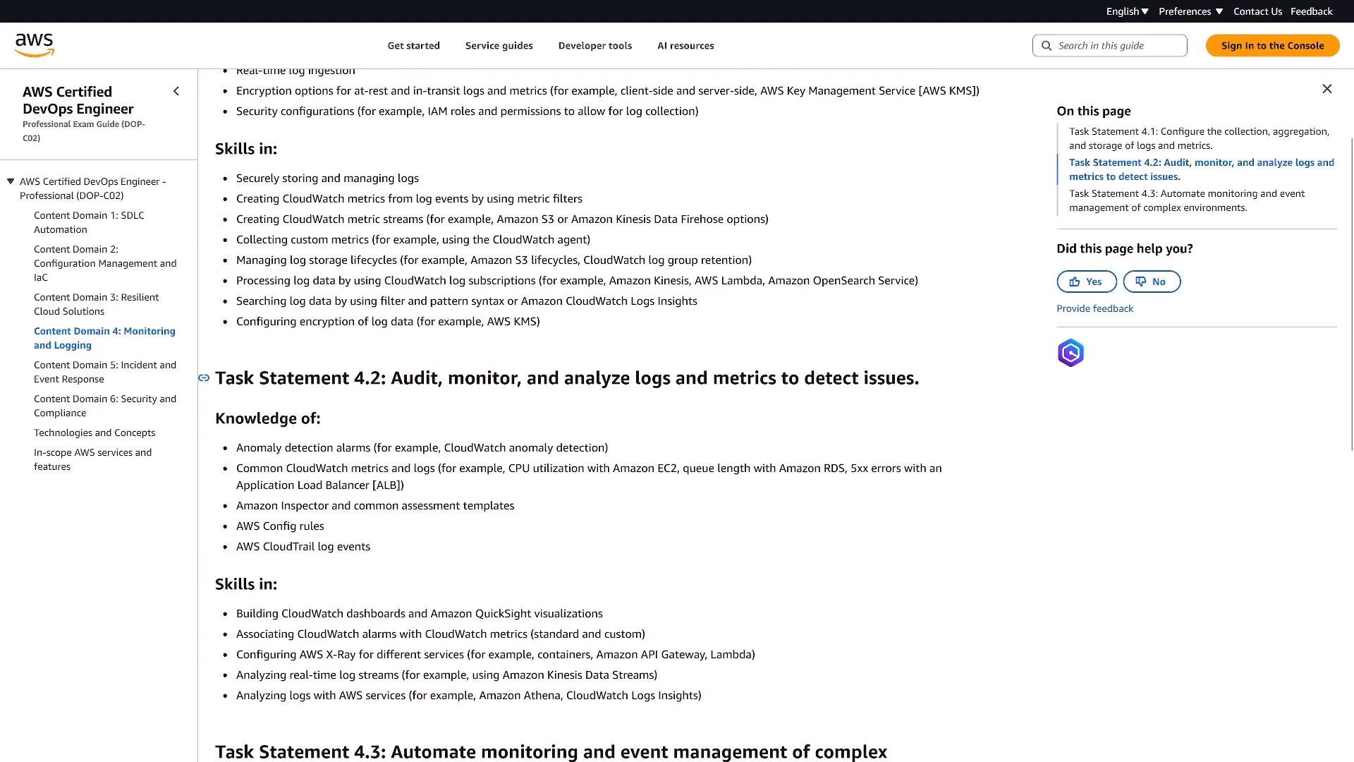 A screenshot of an AWS Certified DevOps Engineer exam guide webpage showing Content Domain 4: Monitoring and Logging, including "Task Statement 4.2: Audit, monitor, and analyze logs and metrics to detect issues" and a list of related skills and knowledge (CloudWatch, CloudTrail, KMS, etc.). The page layout includes a left navigation sidebar and a right column with an "On this page" box and feedback buttons.