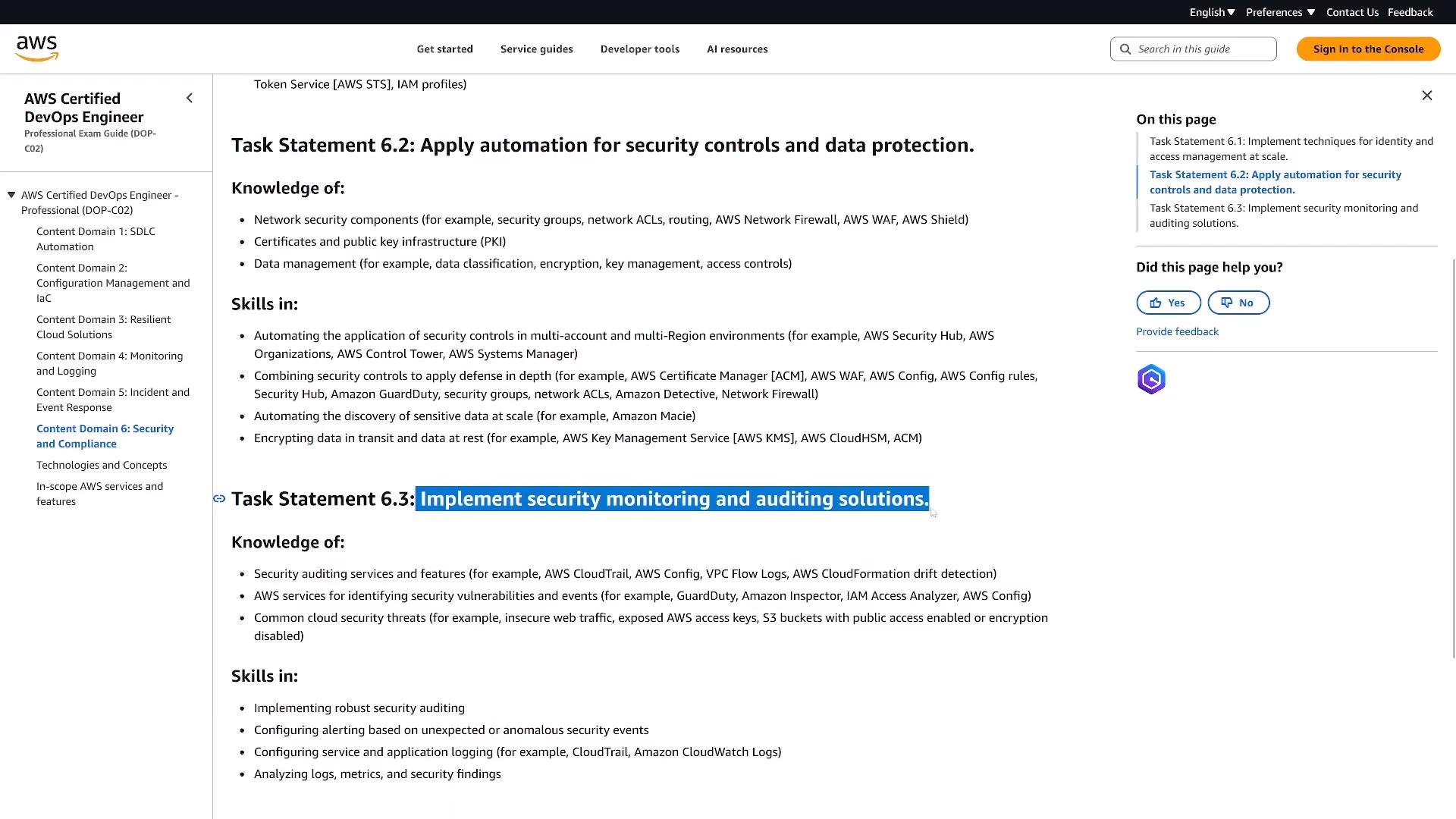 A screenshot of an AWS Certified DevOps Engineer (professional) exam guide webpage. The page shows Task Statements 6.2 and 6.3 about applying automation for security/data protection and implementing security monitoring and auditing, with bullet lists of knowledge and skills.